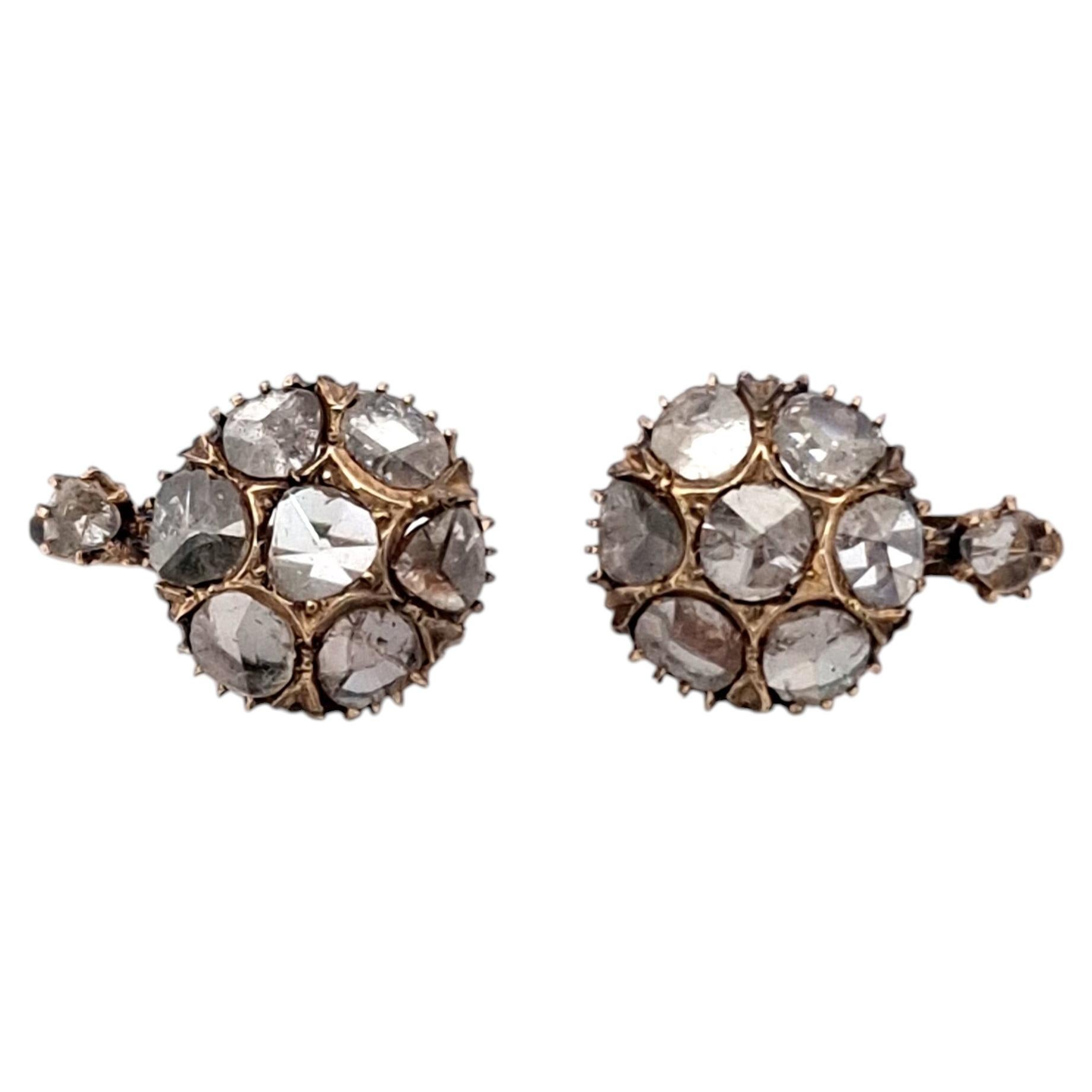 Vintage 12 kt Yellow Gold Earrings with Diamonds Cut Rose Coroné