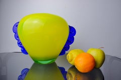 Orecchio vase in Murano glass, yellow and blue blown glass, Italy, 1970