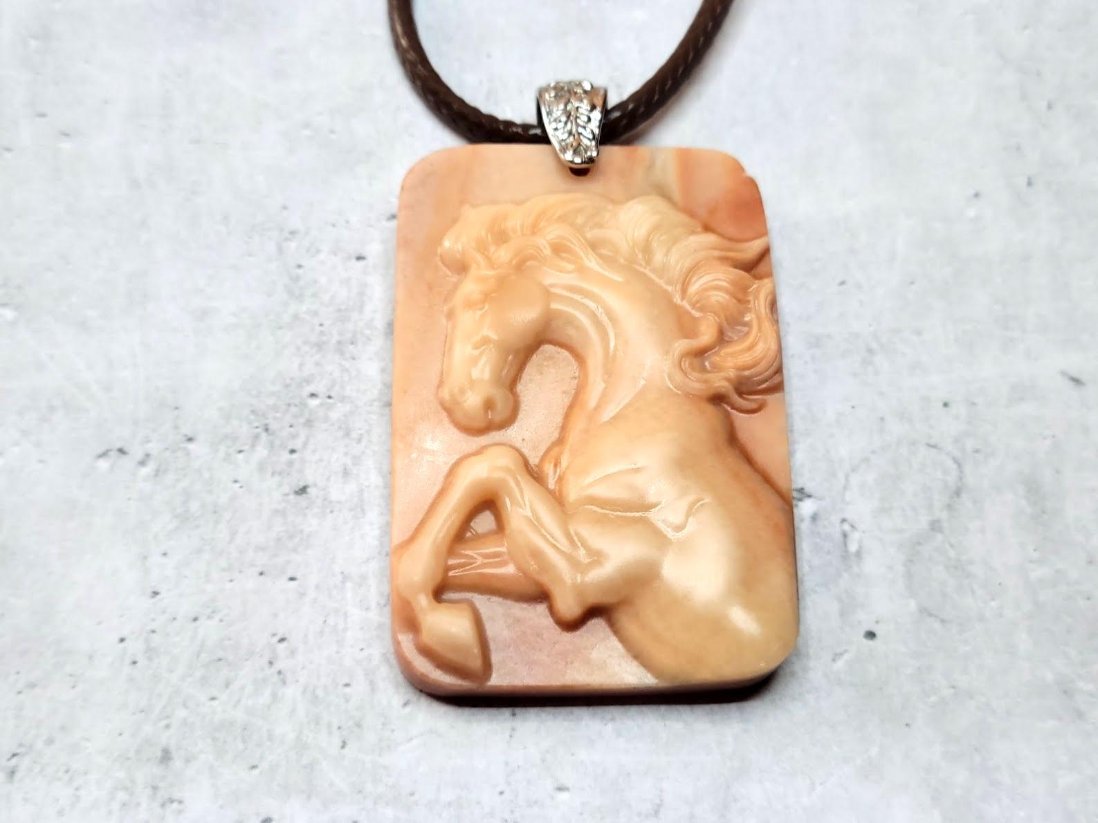 Oregon Jasper Hand-Carved Horse Cameo Pendant For Sale 1