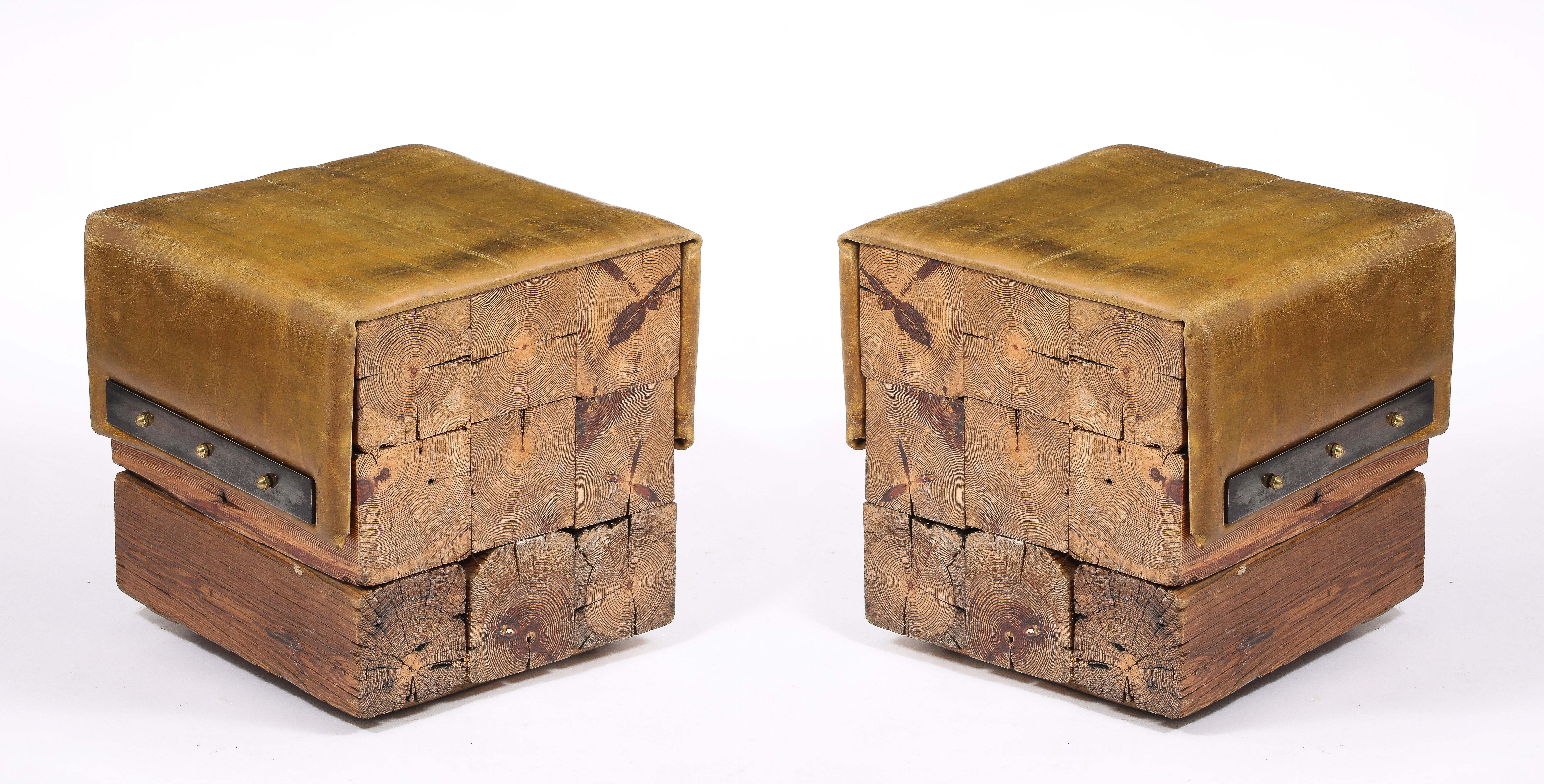 Mid-Century Modern Oregon Pine Block Stools, USA 1950's For Sale