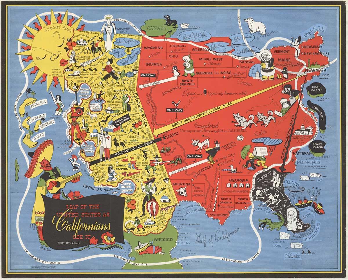 Original 'Mapa de Estados Unidos tal y como lo ven los californianos' póster cartográfico de época