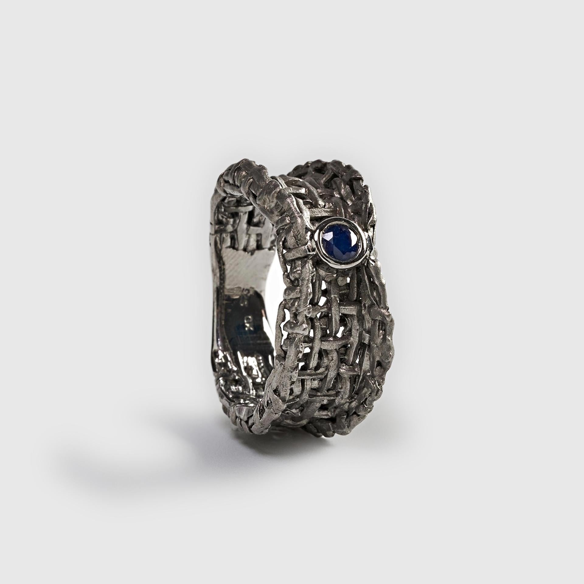 Oren Blauer Saphir Ring, Unisex-Ring für Herren, kantig, Fackel, Expressionell, Alternative im Angebot 6