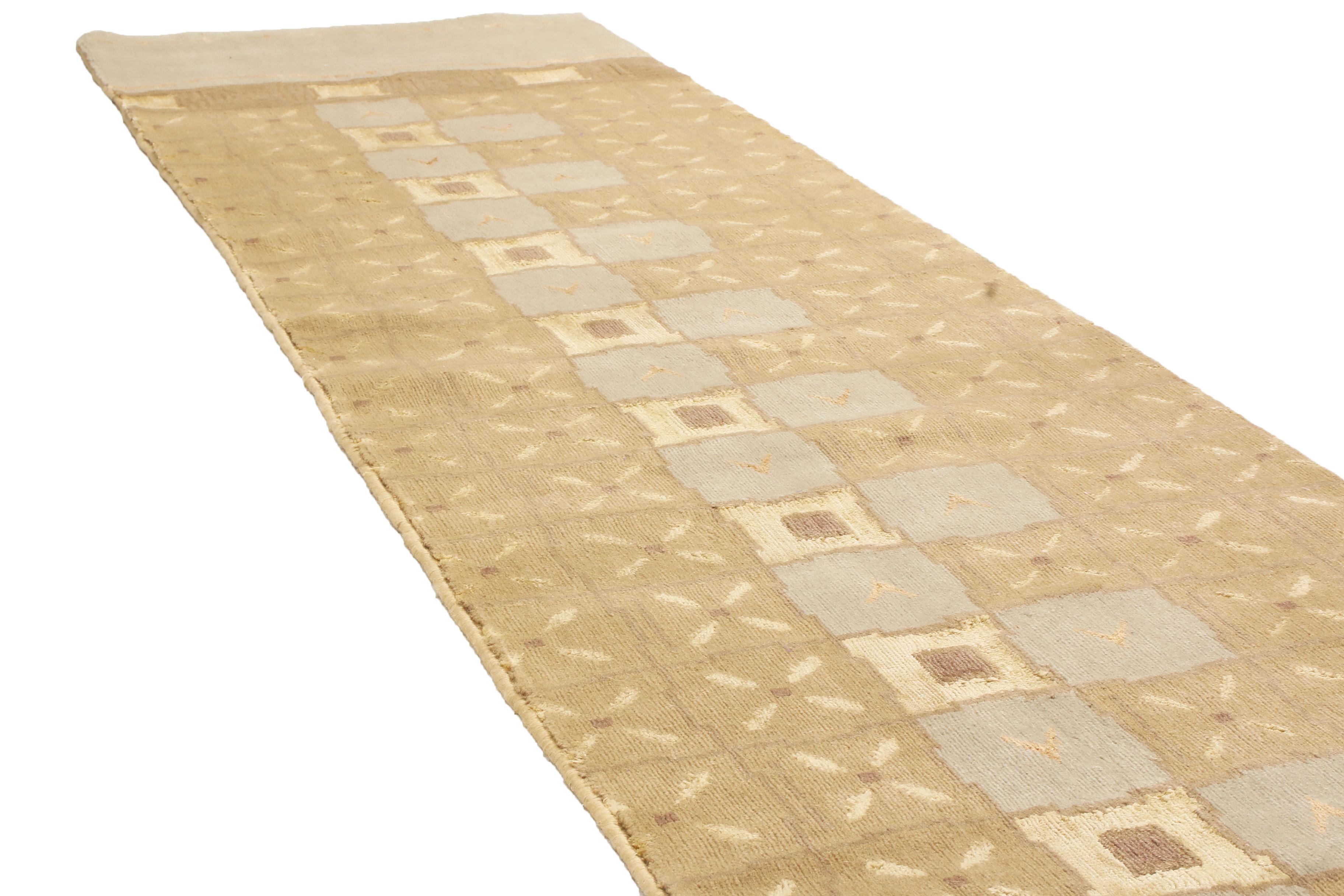 Hand-Knotted Rug & Kilim’s Custom Art Deco Geometric Blue and Beige Wool and Silk Runner For Sale