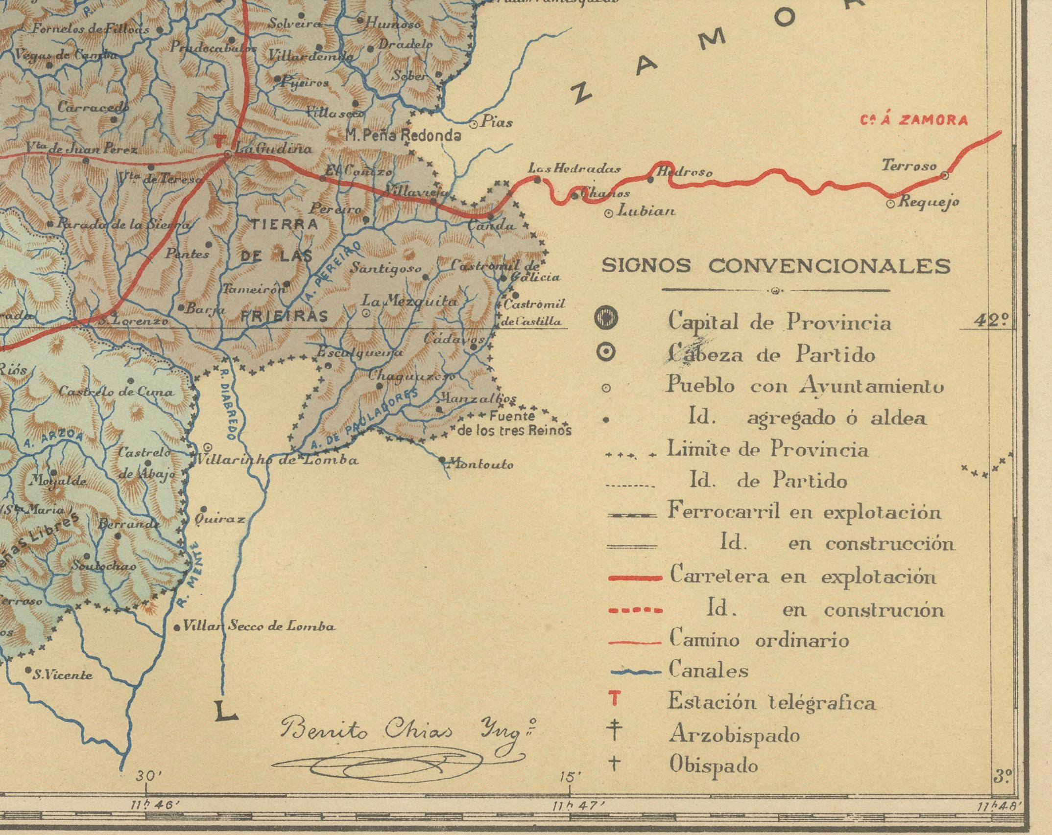 Die Karte ist eine detaillierte kartografische Darstellung der Provinz Orense (Ourense auf Galicisch) im Nordwesten Spaniens im Jahr 1902. Hier ist eine kurze Beschreibung und ein möglicher Titel für die Karte:

Beschreibung:
- Die Karte ist eine