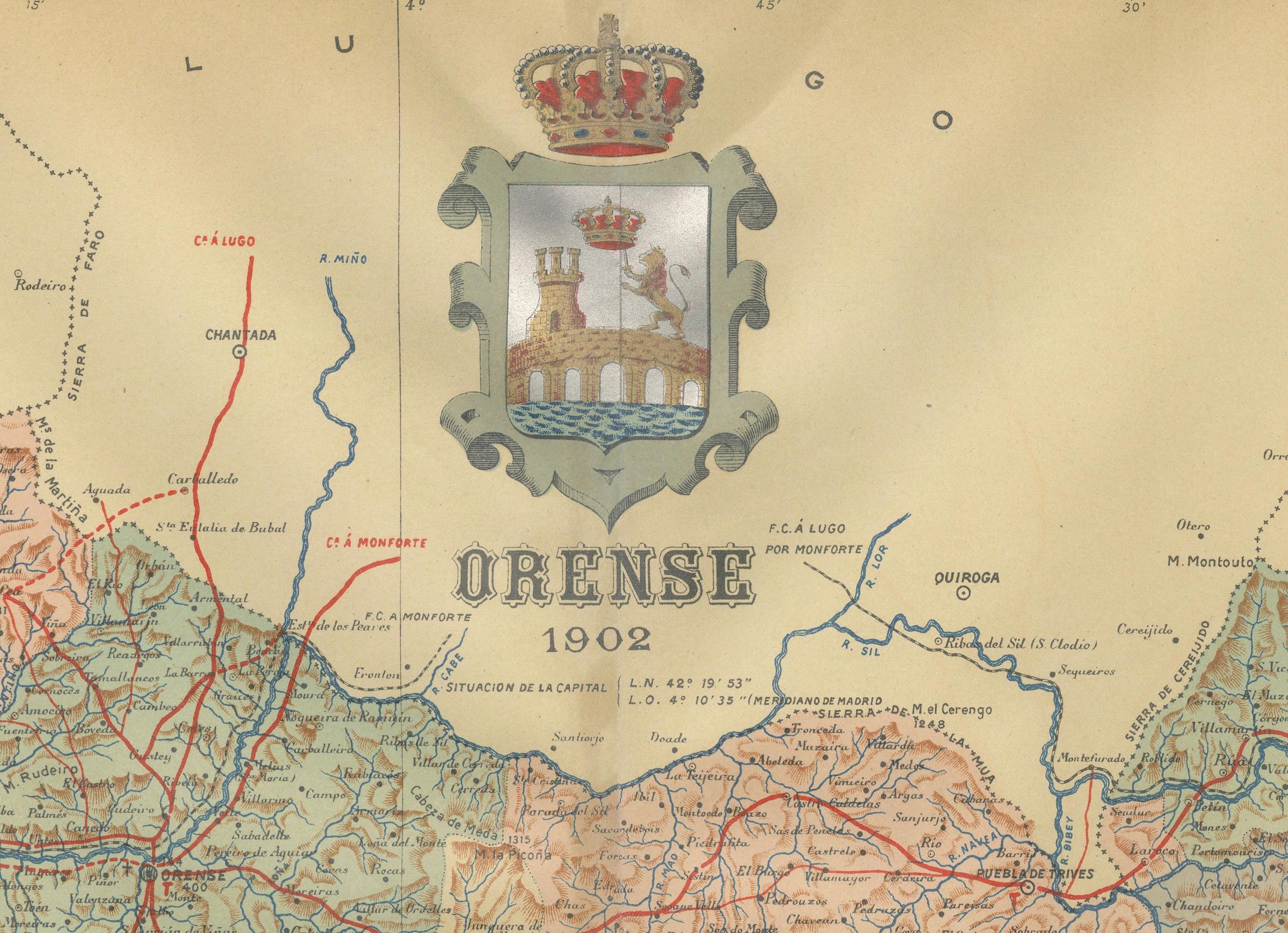 Paper Orense in Depth: A 1902 Topographical Map of Galicia's Mountainous Province For Sale