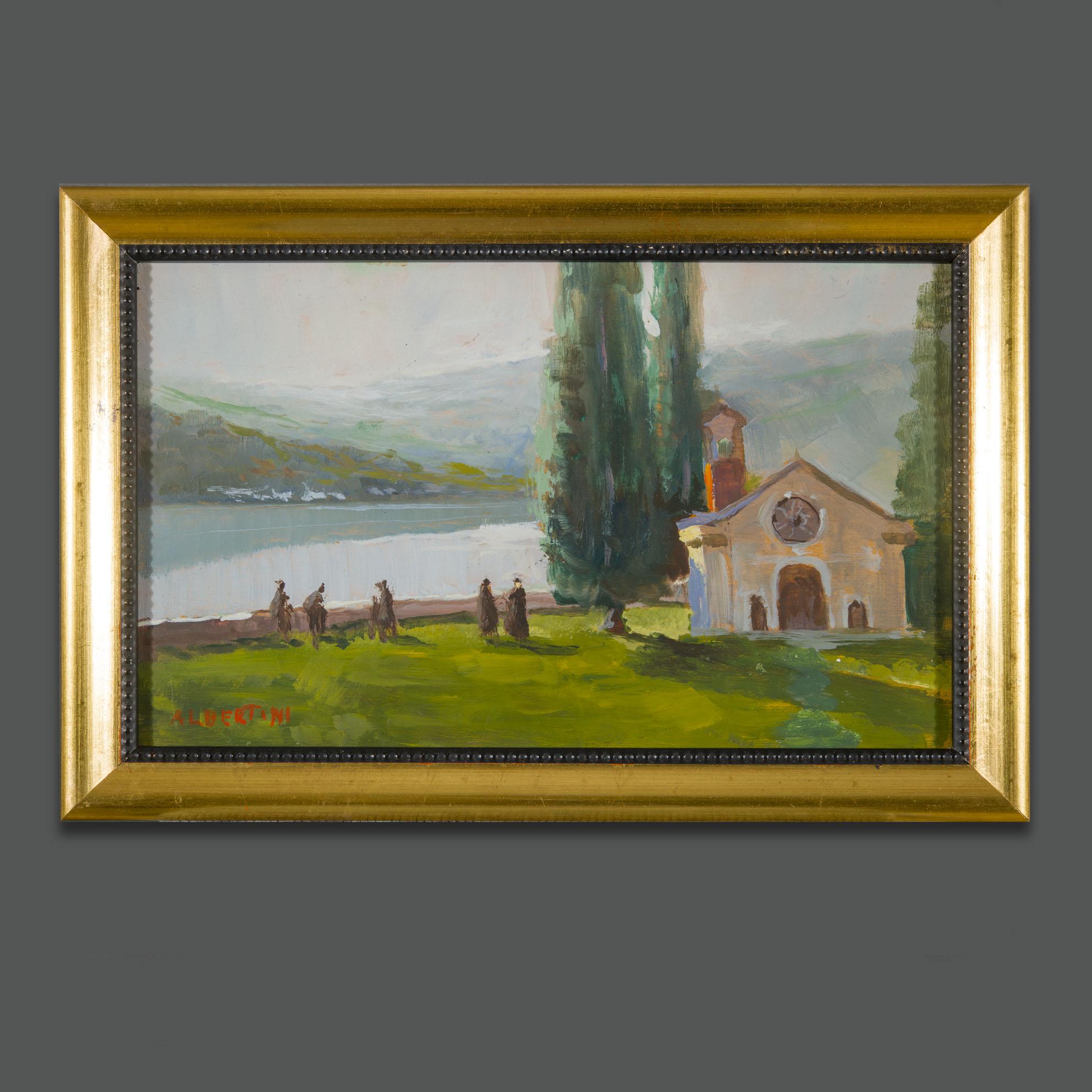 A beautiful oil painting on panel by the great early 20th-century artist Oreste Albertini.
In this significant work, his ability to capture the calm, meditative atmosphere of the mountain landscapes of his native Lombardy reaches its zenith.
The