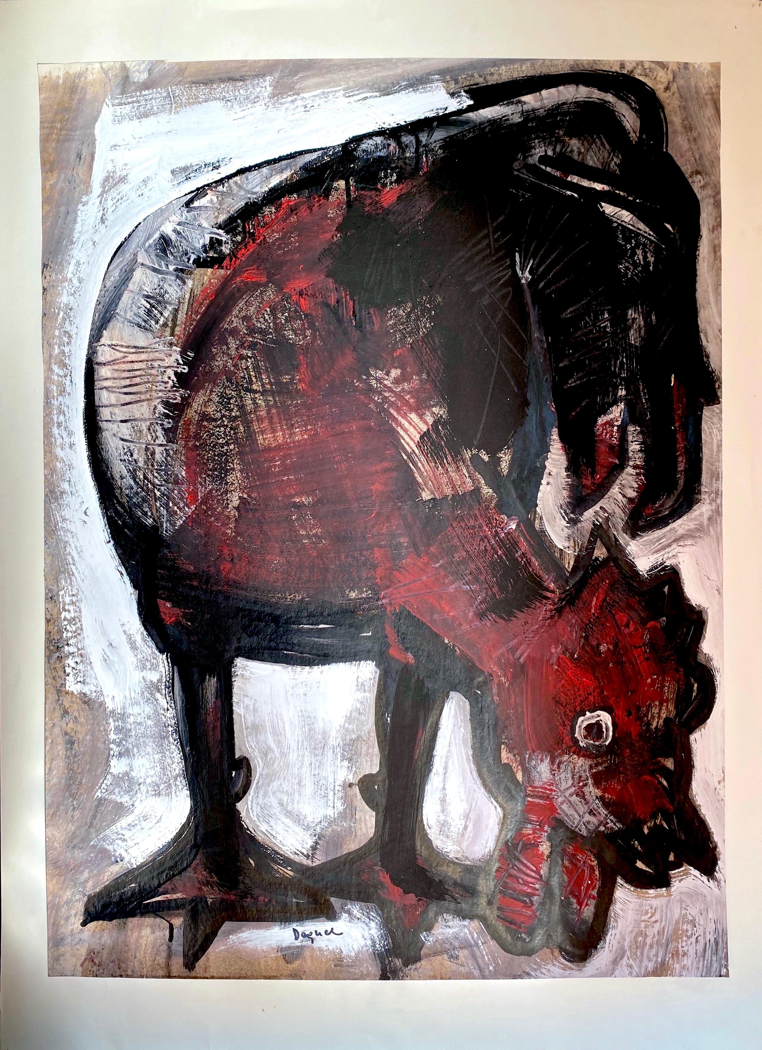 Meisterhaft gemalt ist dieser kastanienbraune und schwarze Hahn des italienischen Künstlers Oreste Dequel (1923-1989). Auch wenn sein Werk nicht so bekannt ist, handelt es sich doch um ein beeindruckendes figurales Kunstwerk eines der meistgemalten