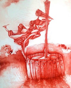 Roter Segel – Landschaftsgemälde – Acryl auf Leinwand von Oreydis