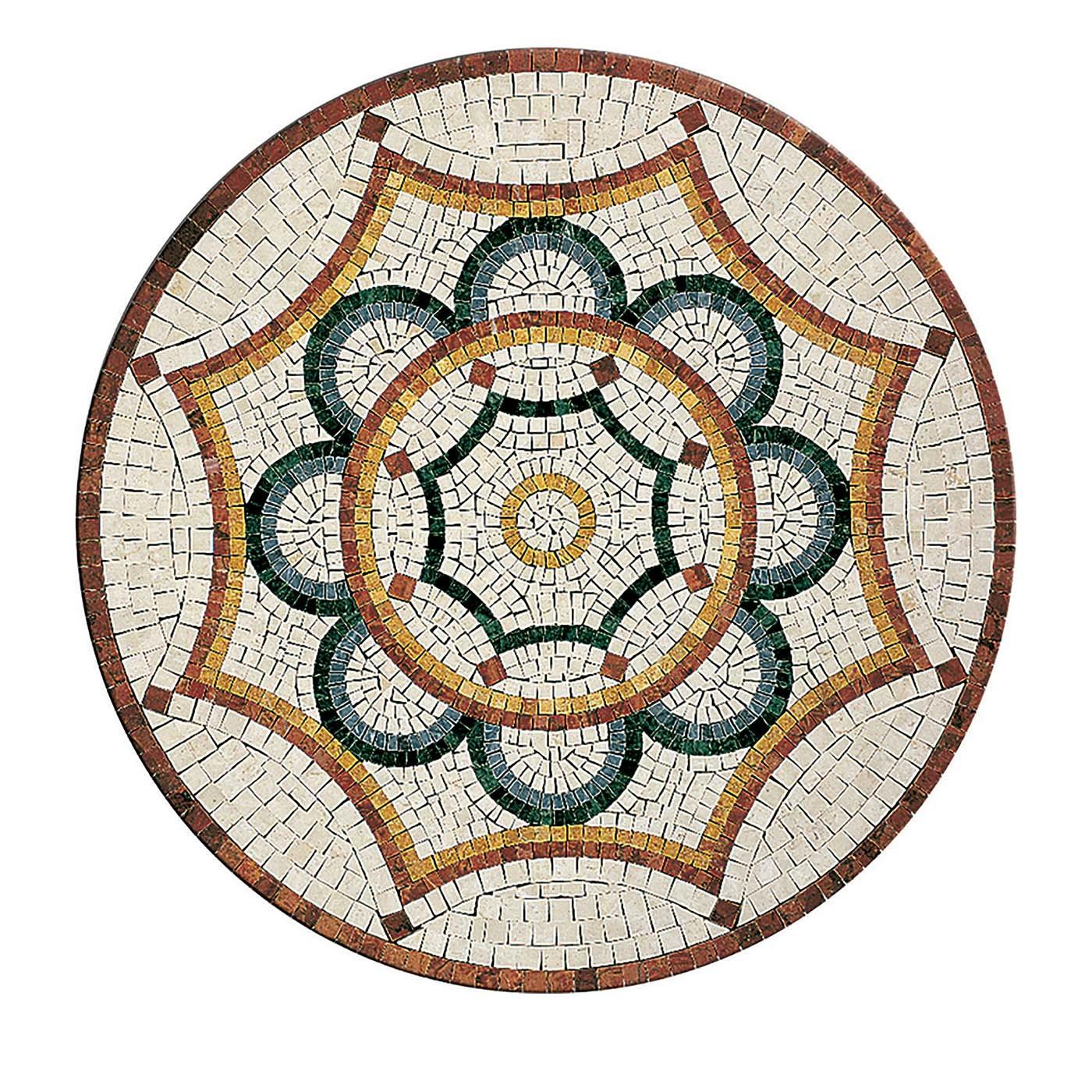 This artistic marble mosaic is mounted on fiberglass mesh applied on a honeycomb-shaped, aluminum base and surrounded by an aluminum frame. It features a polished finish, but is also available in antique, honed and brushed finishes, and customizable