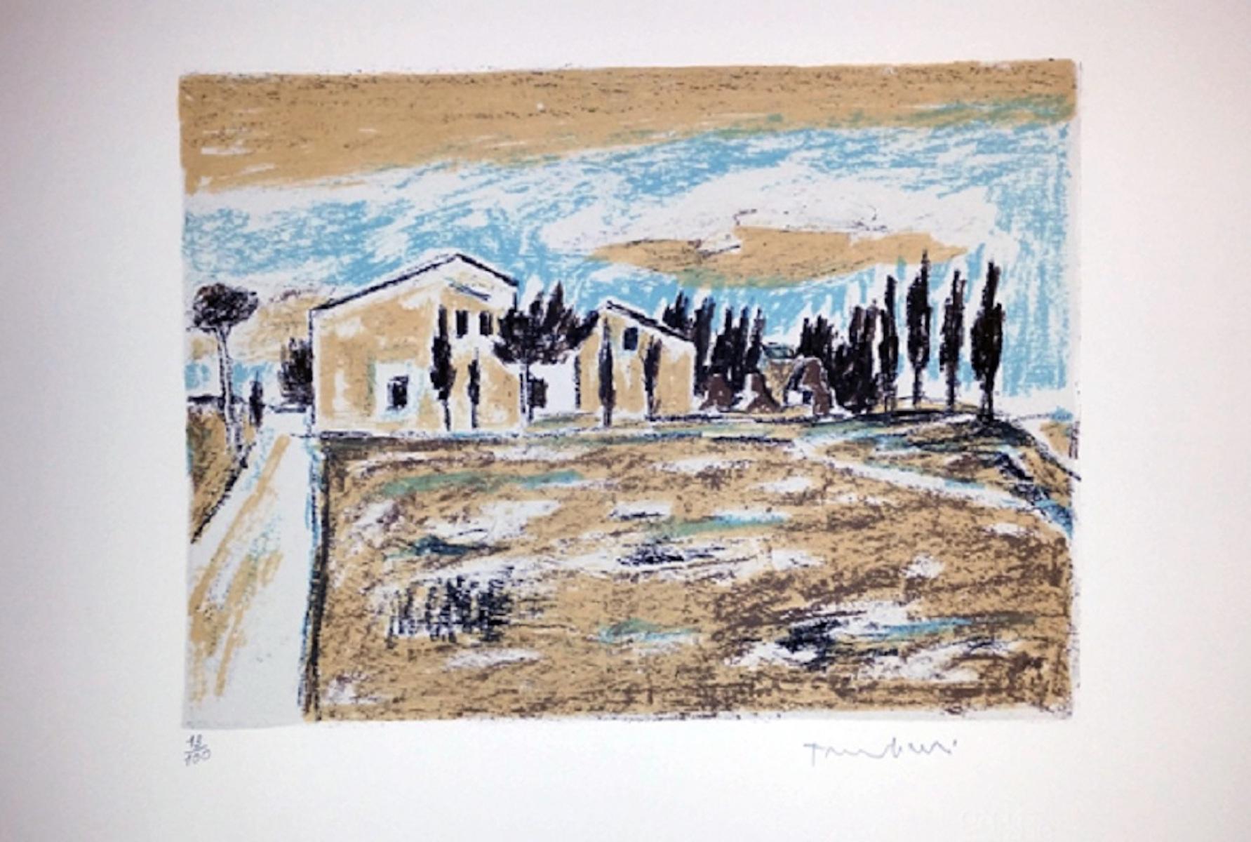 Casolari e Cipressi – Lithographie von Orfeo Tamburi – 1970er Jahre