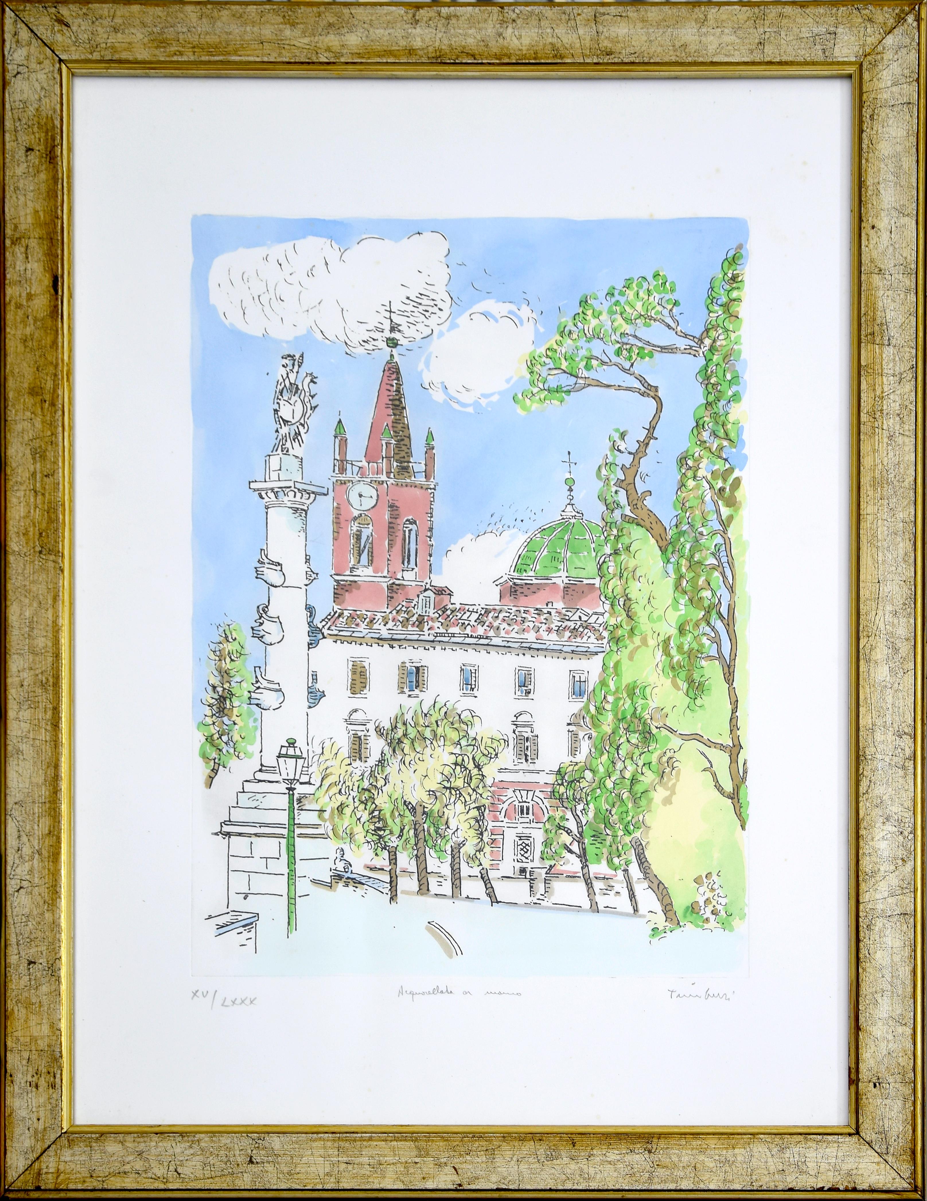 Cathedral is an original artwork realized by Orfeo Tamburi during the 1980s.

Hand-watercolored lithograph. Hand-signed and numbered by the artist on the lower margin. Specimen XV / LXXX.

Dimensions: cm 75 x 55. Frame not included. In very good