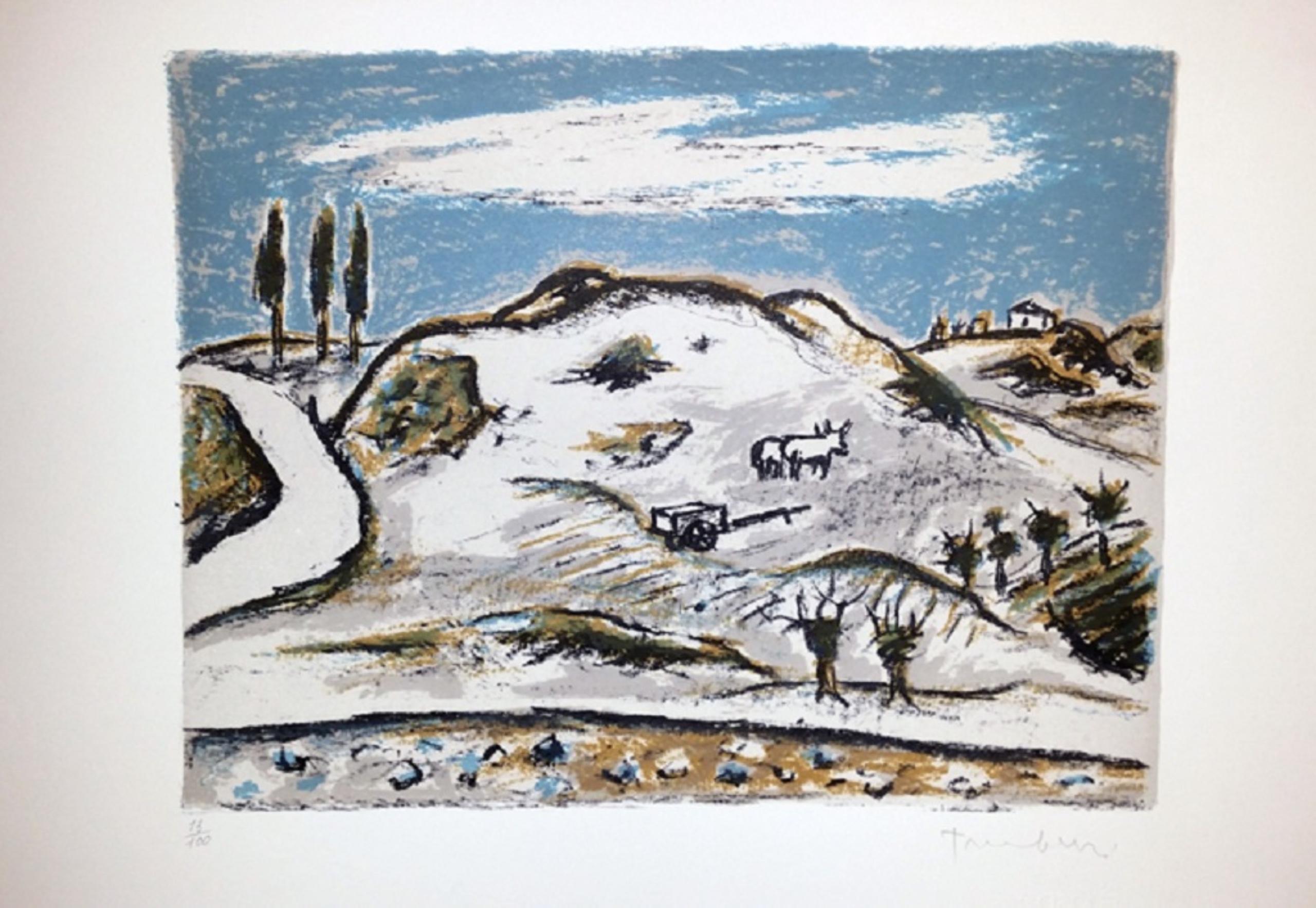 Orfeo Tamburi Landscape Print - I Bovi Tra Le Crete - Lithograph - 1970s