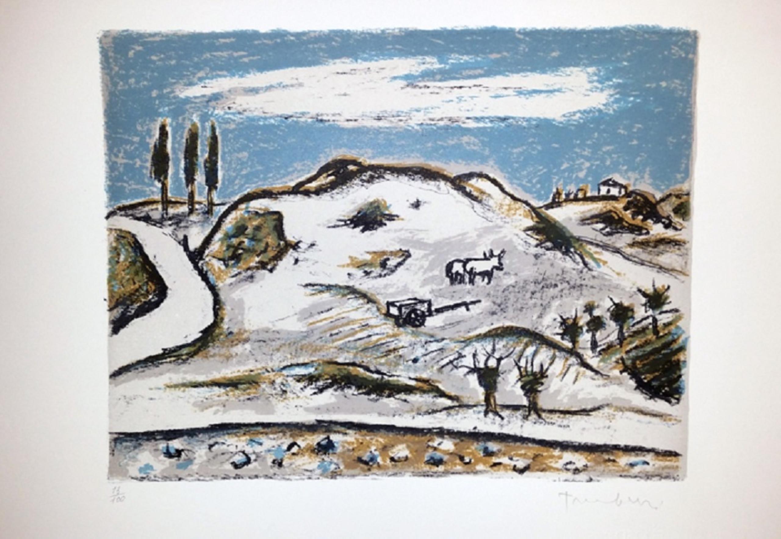 Landscape Print de Orfeo Tamburi - I Bovi Tra Le Crete - Litografía - Años 70