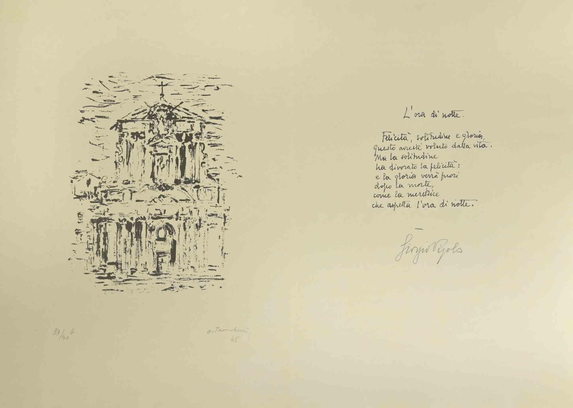 Night time est une œuvre d'art moderne réalisée par Orfeo Tamburi et Giorgio Vigolo en 1945.

Lithographie en noir et blanc. Les deux pages sont signées à la main au crayon et la page de gauche est datée de 1945.

La lithographie est numérotée, une