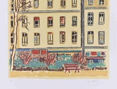 Parigi, case e alberi - Litografia di Orfeo Tamburi - Anni '80