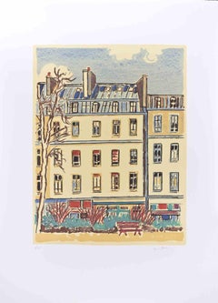 Parigi, case e alberi - Litografia di Orfeo Tamburi - Anni '80