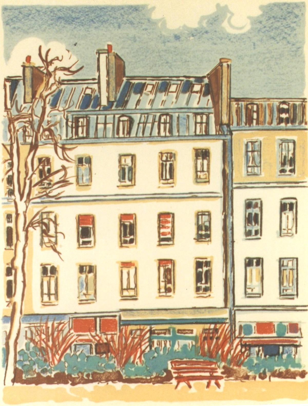 Paris, Houses and Tree - Lithograph by Orfeo Tamburi - 1980s