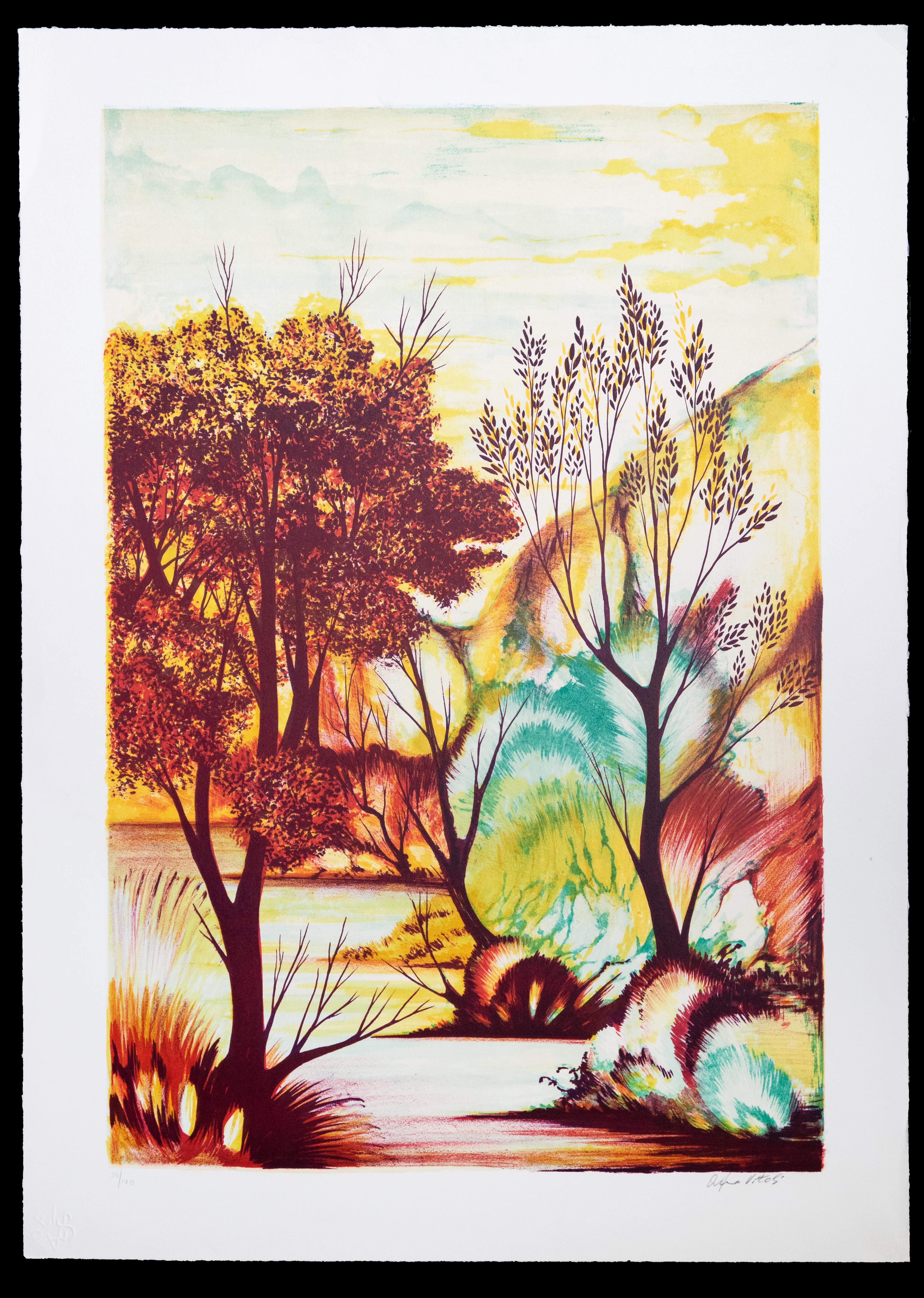 Edition of 100 prints, hand signed. Beautiful representation of Autumn colors, designed by the italian artist Orfeo Vitali and printed by Atelier Franco Cioppi.	
Ausgezeichneter Zustand.
