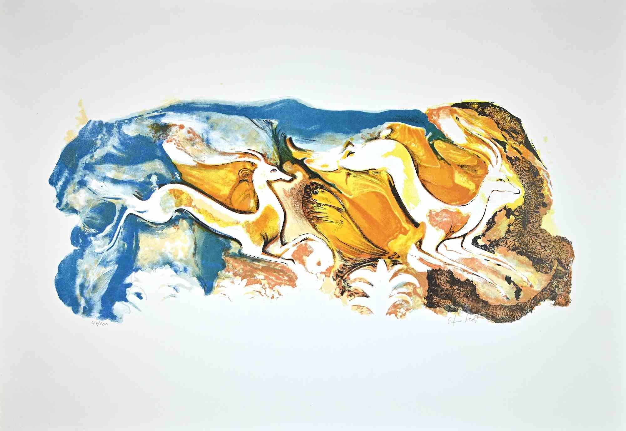 Deers is an original Lithograph realized by Orfeo Vitali in the 1970.

Hand-signed.

Numbered. Edition of /100.

The artwork is depicted in harmonious colors in a well-balanced composition.