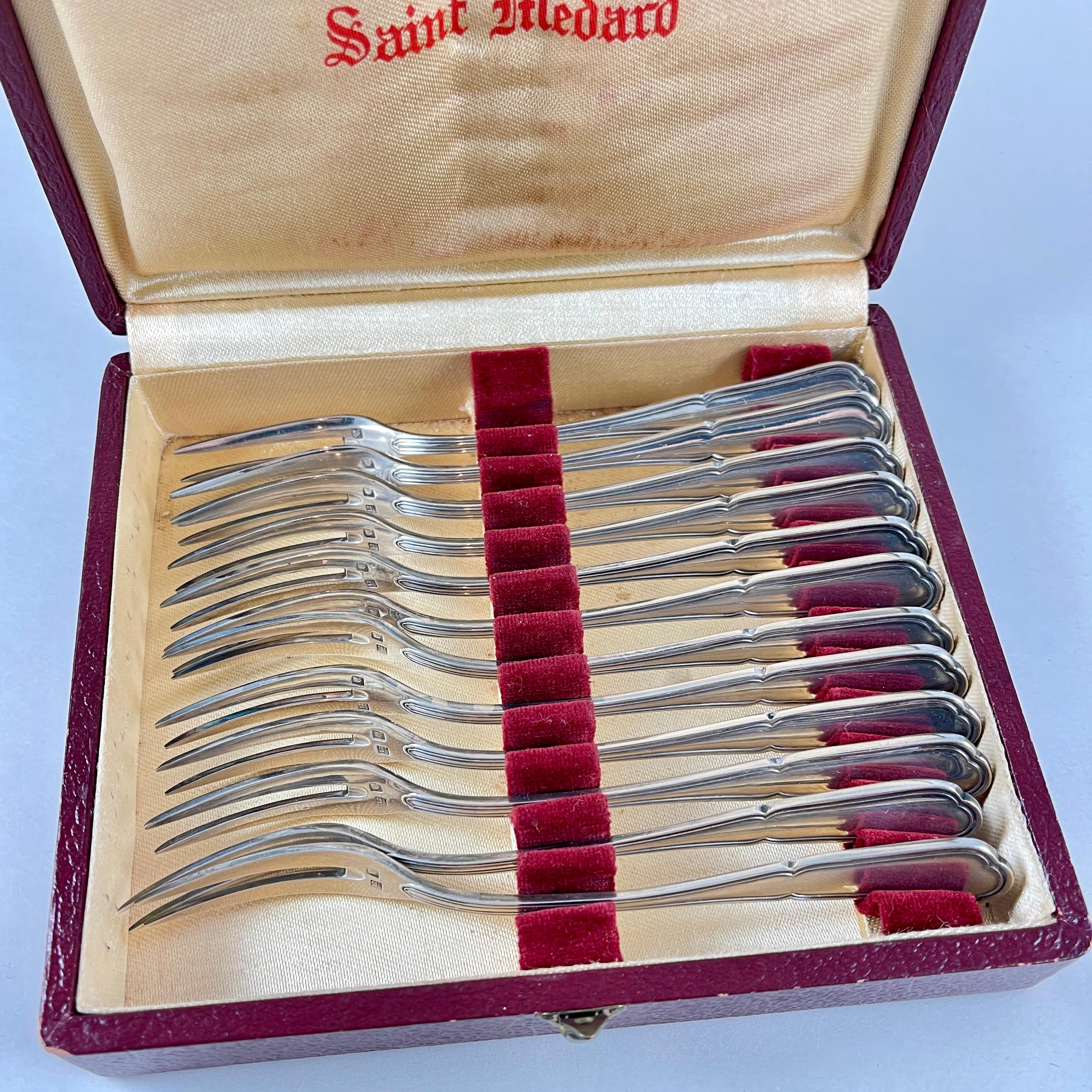 Metalwork Orfeverie Saint- Médard French Silver Cocktail Forks, Boxed Set of 12