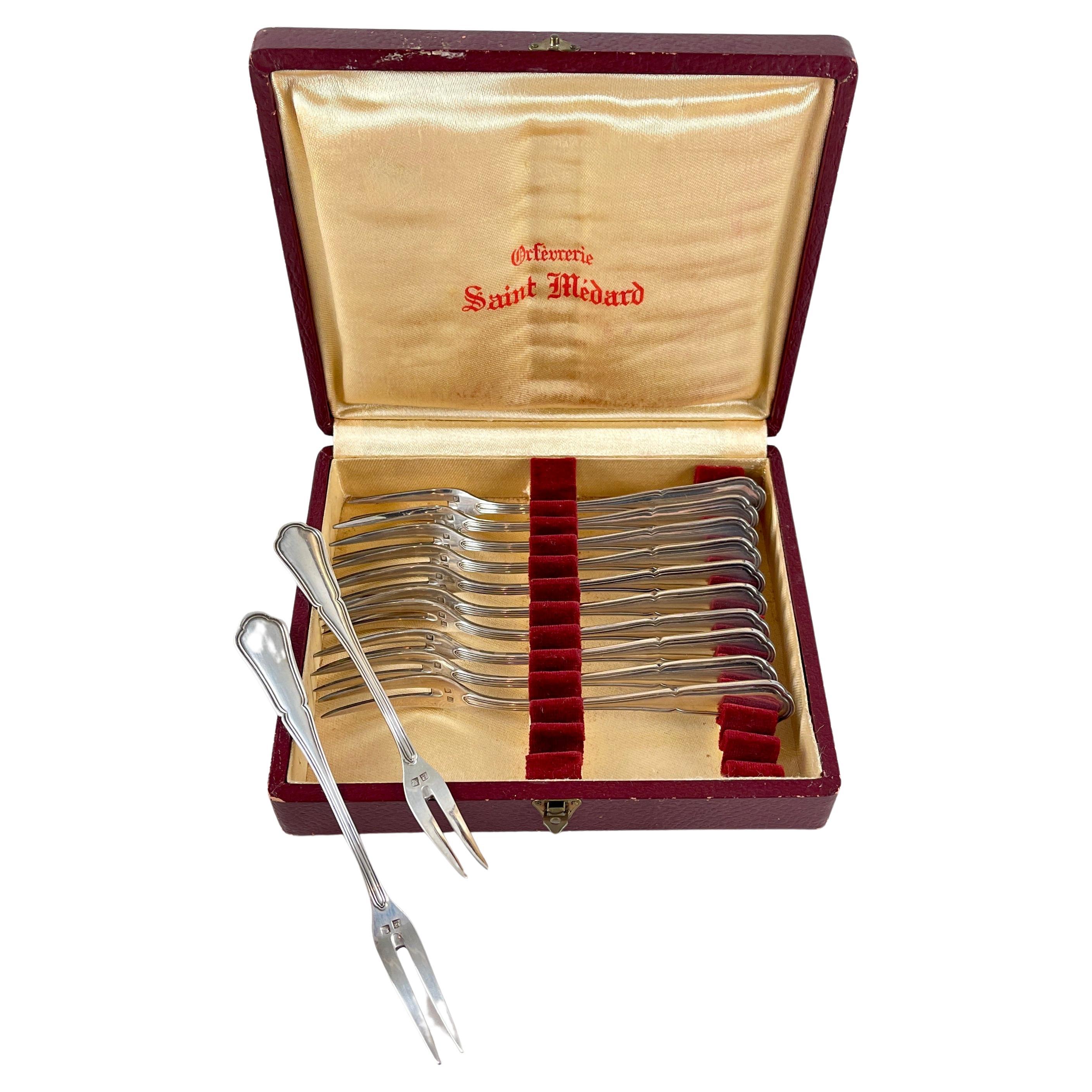 Orfeverie Saint- Médard French Silver Cocktail Forks, Boxed Set of 12