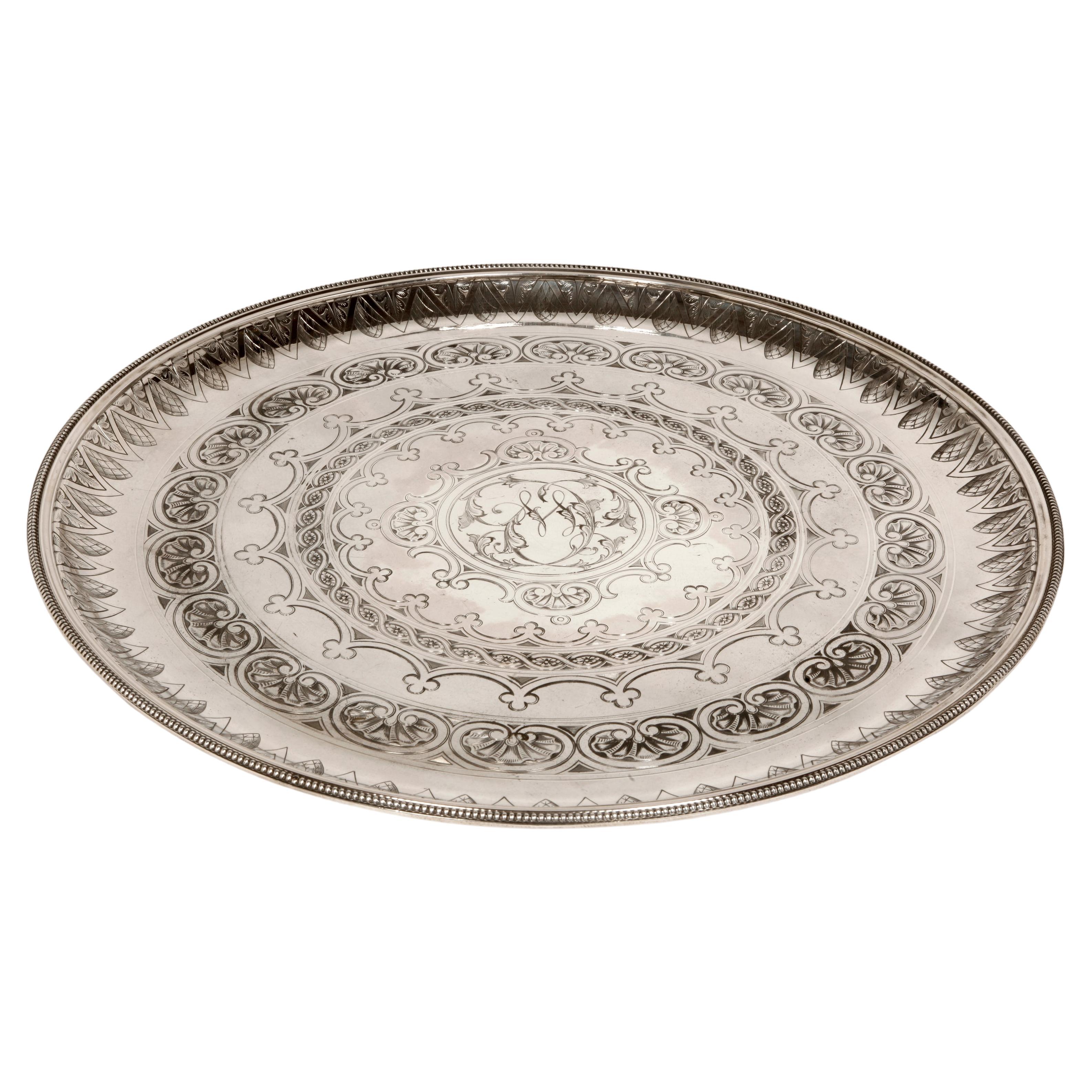 Orfèvre Cartier A Paris - Round Tray 50 Cm In Sterling Silver Early Twentieth For Sale