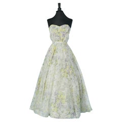 Organdy bustier and skirt ensemble with pastel flower print on Circa 1950's