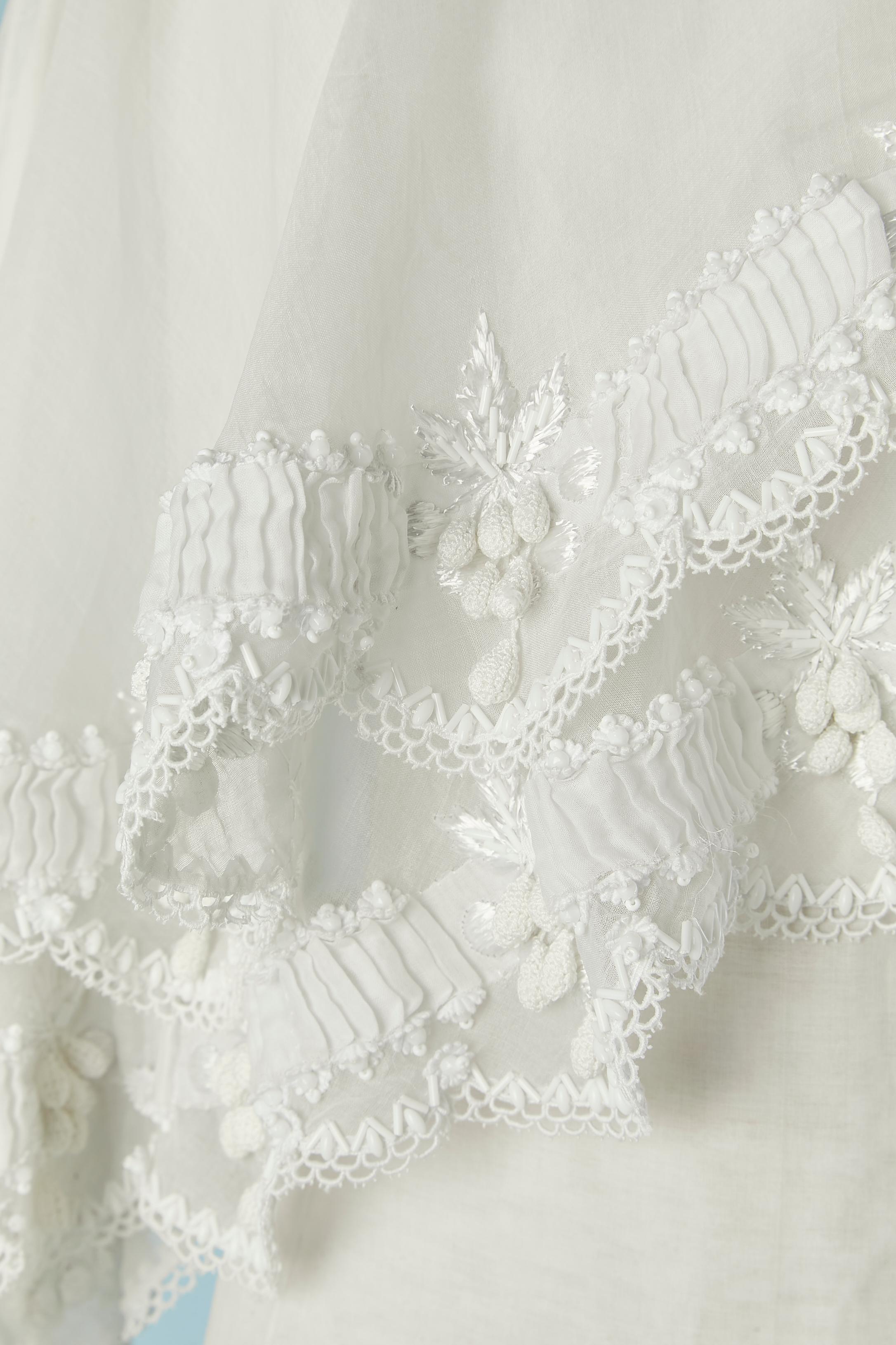 Gray Organdy wedding dress with asymmetrical cape with embroideries Circa 1960's/70's For Sale