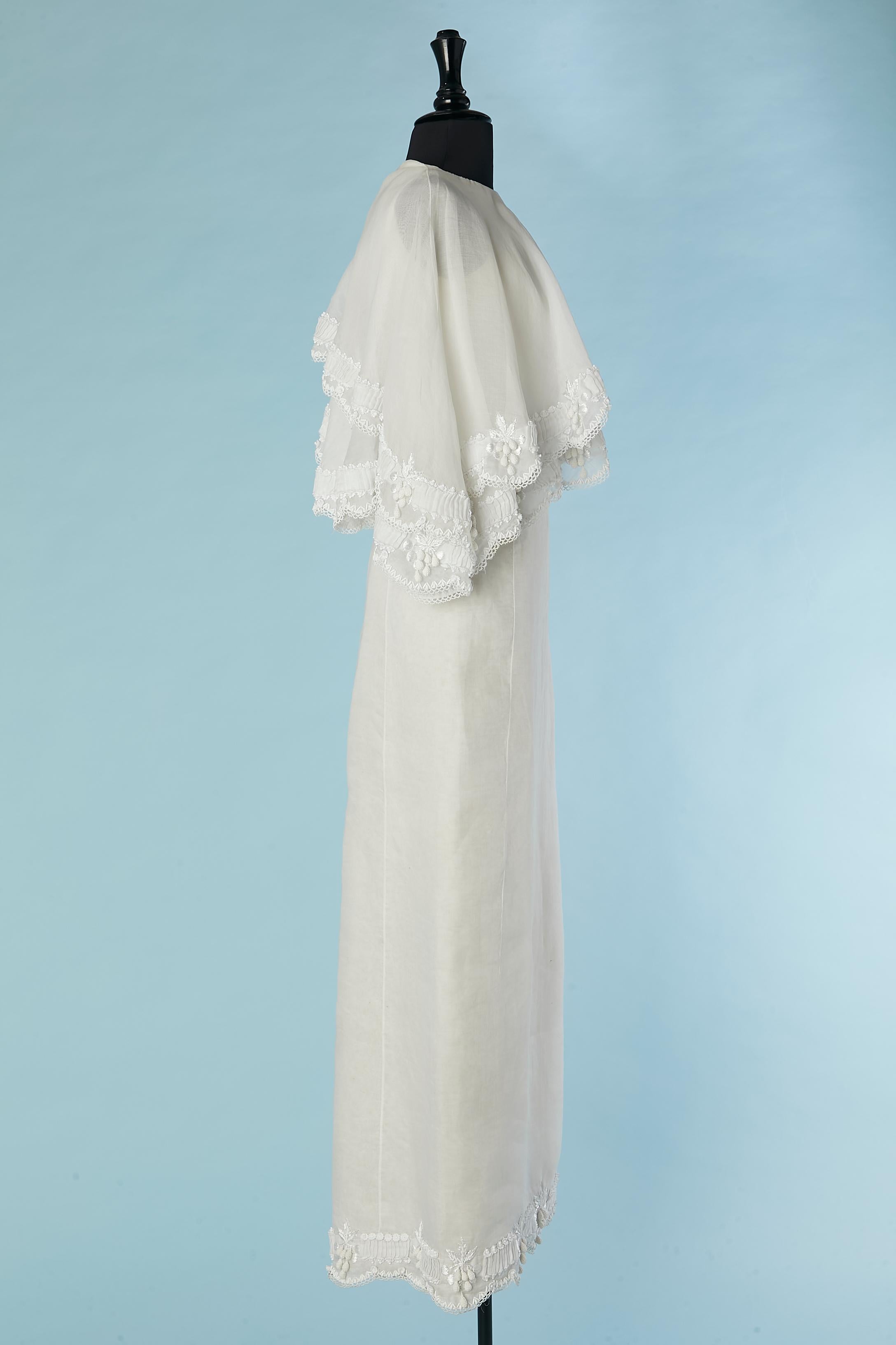 Women's Organdy wedding dress with asymmetrical cape with embroideries Circa 1960's/70's For Sale