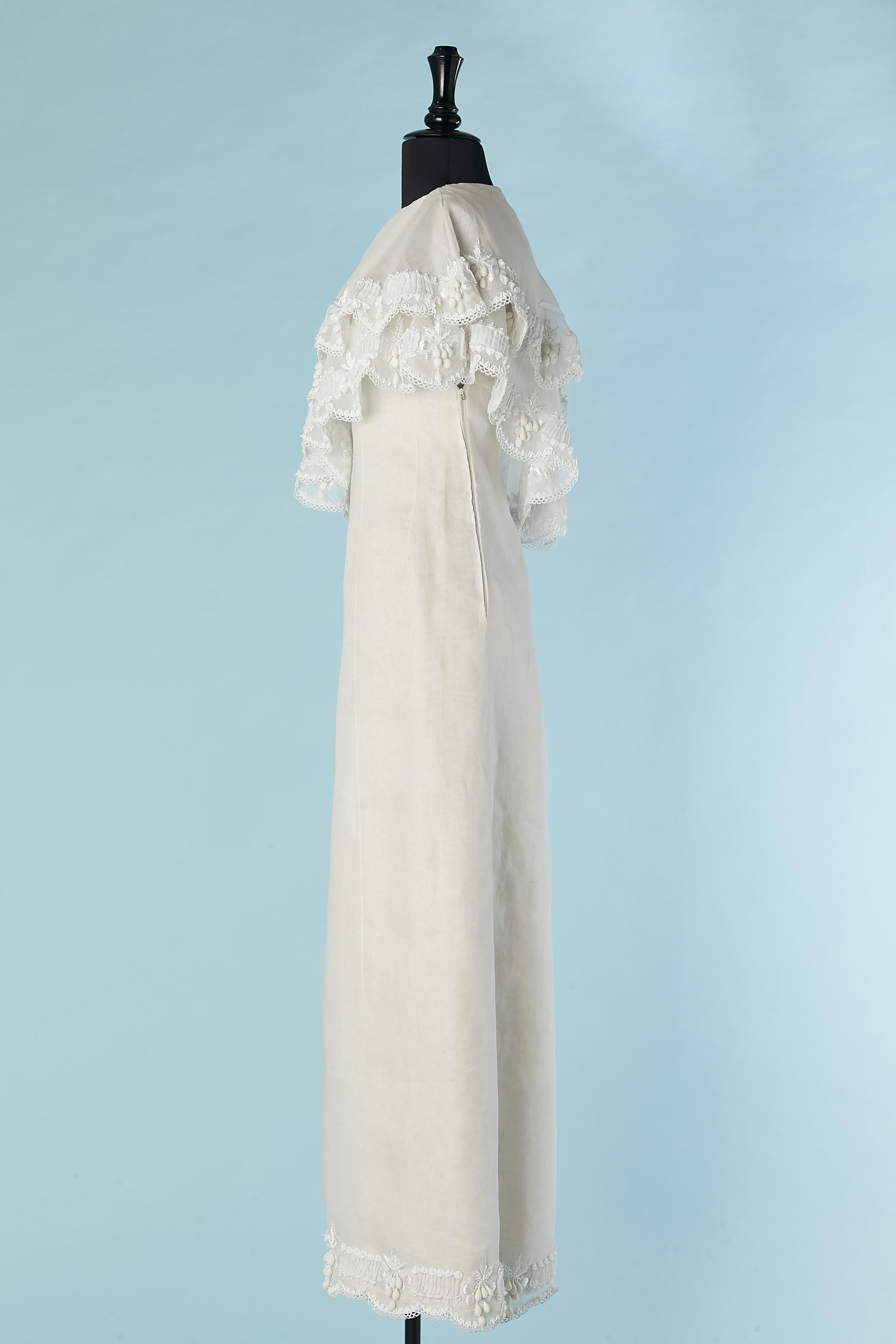 Organdy wedding dress with asymmetrical cape with embroideries Circa 1960's/70's For Sale 1