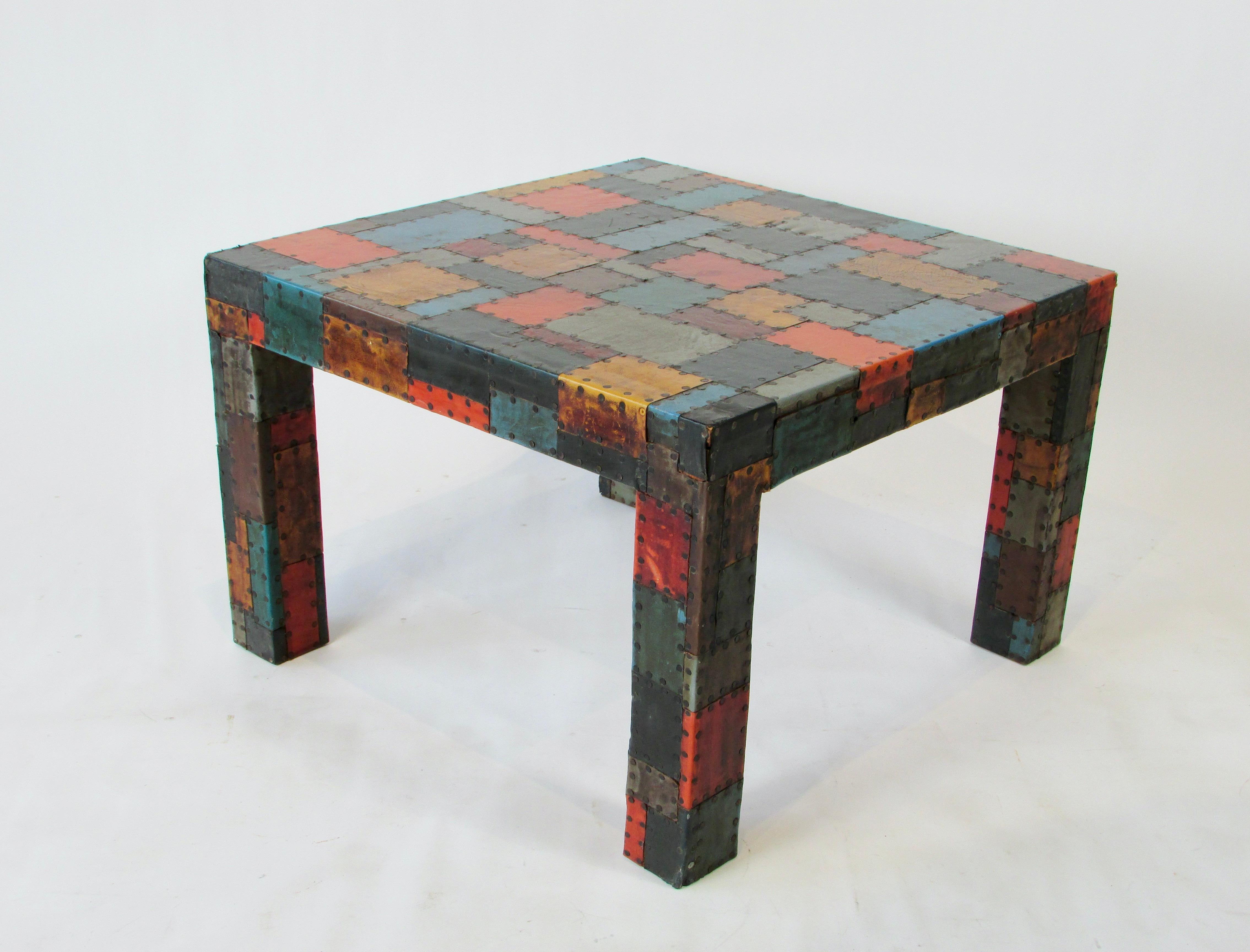 Organic 1960s Folk Art Table with Hammered Nail Multi Color Leather Patchwork In Good Condition For Sale In Ferndale, MI