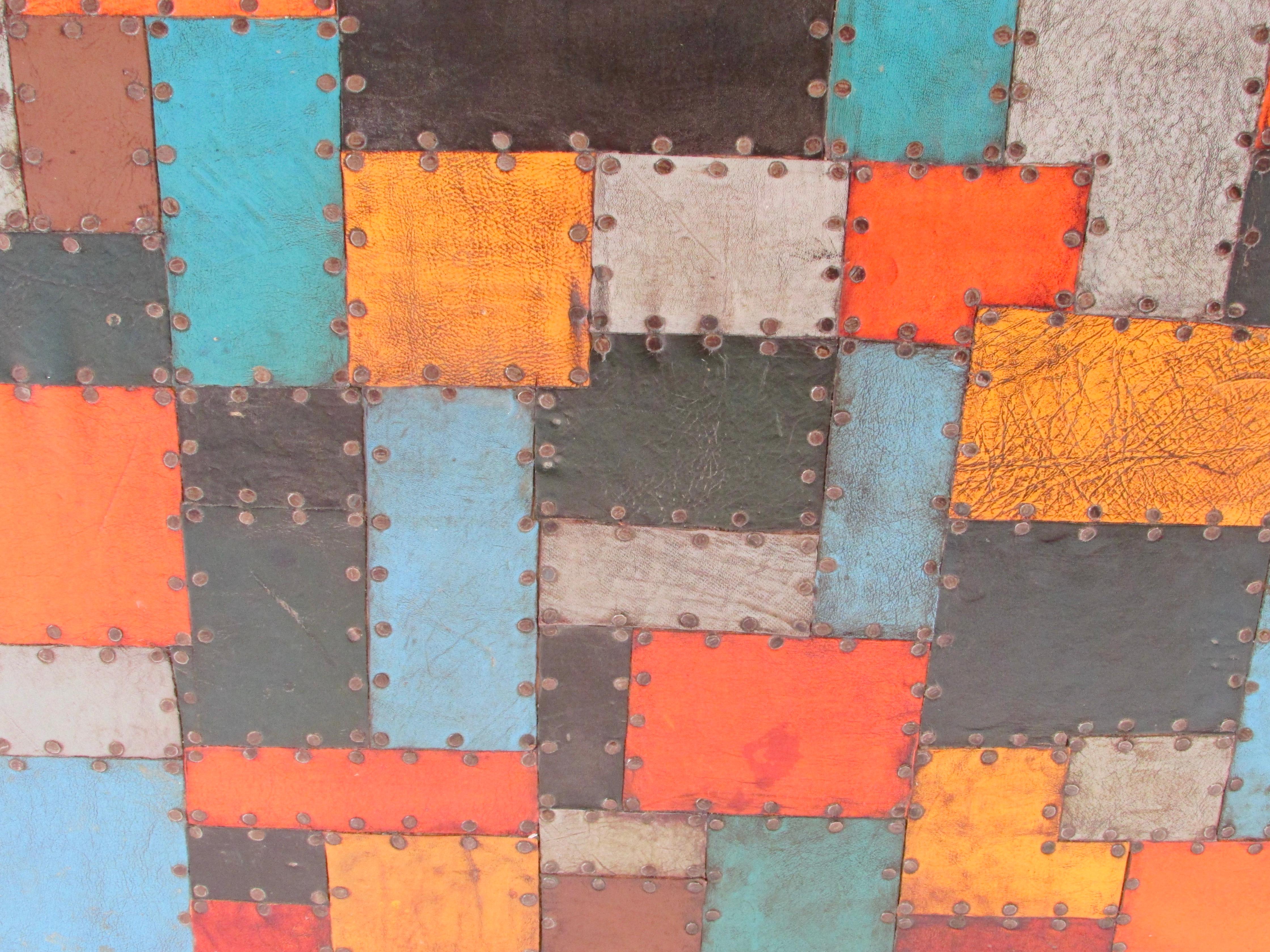 Organic 1960s Folk Art Table with Hammered Nail Multi Color Leather Patchwork For Sale 2