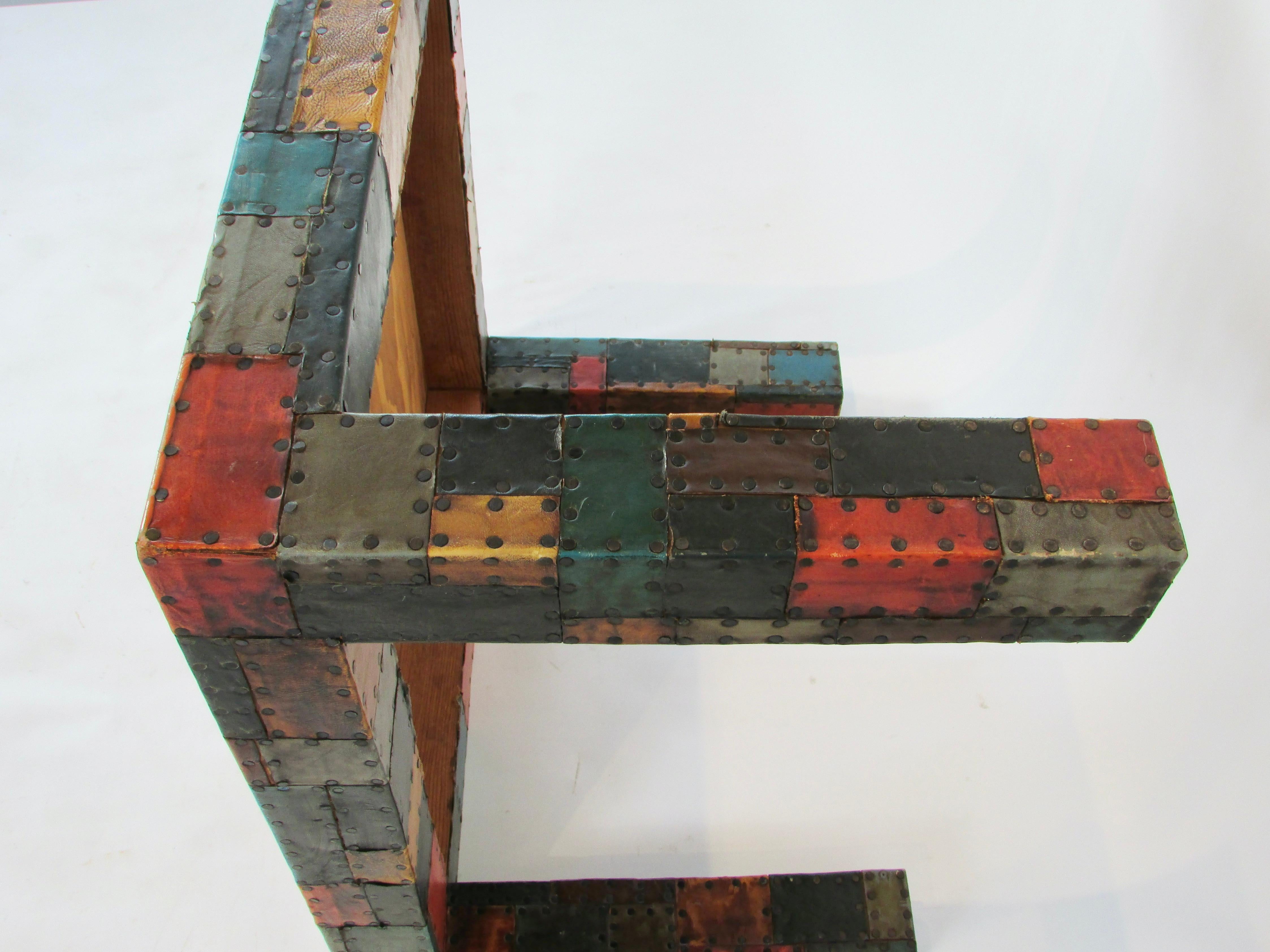 Organic 1960s Folk Art Table with Hammered Nail Multi Color Leather Patchwork For Sale 3