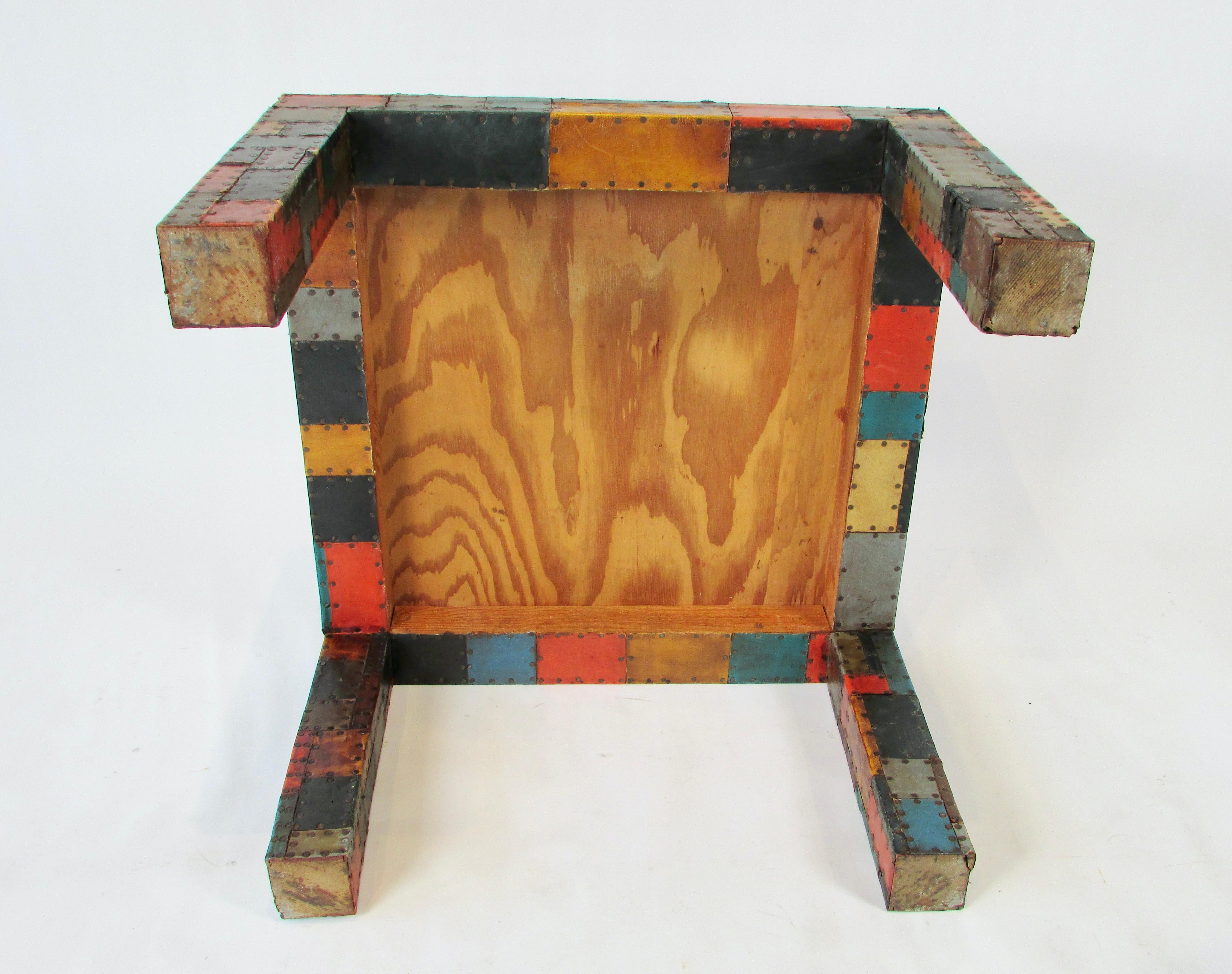 Organic 1960s Folk Art Table with Hammered Nail Multi Color Leather Patchwork For Sale 4
