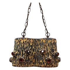 Organic Amoeba Shaped Bark Textured Ceramic Ceiling Pendant with Orange Interior