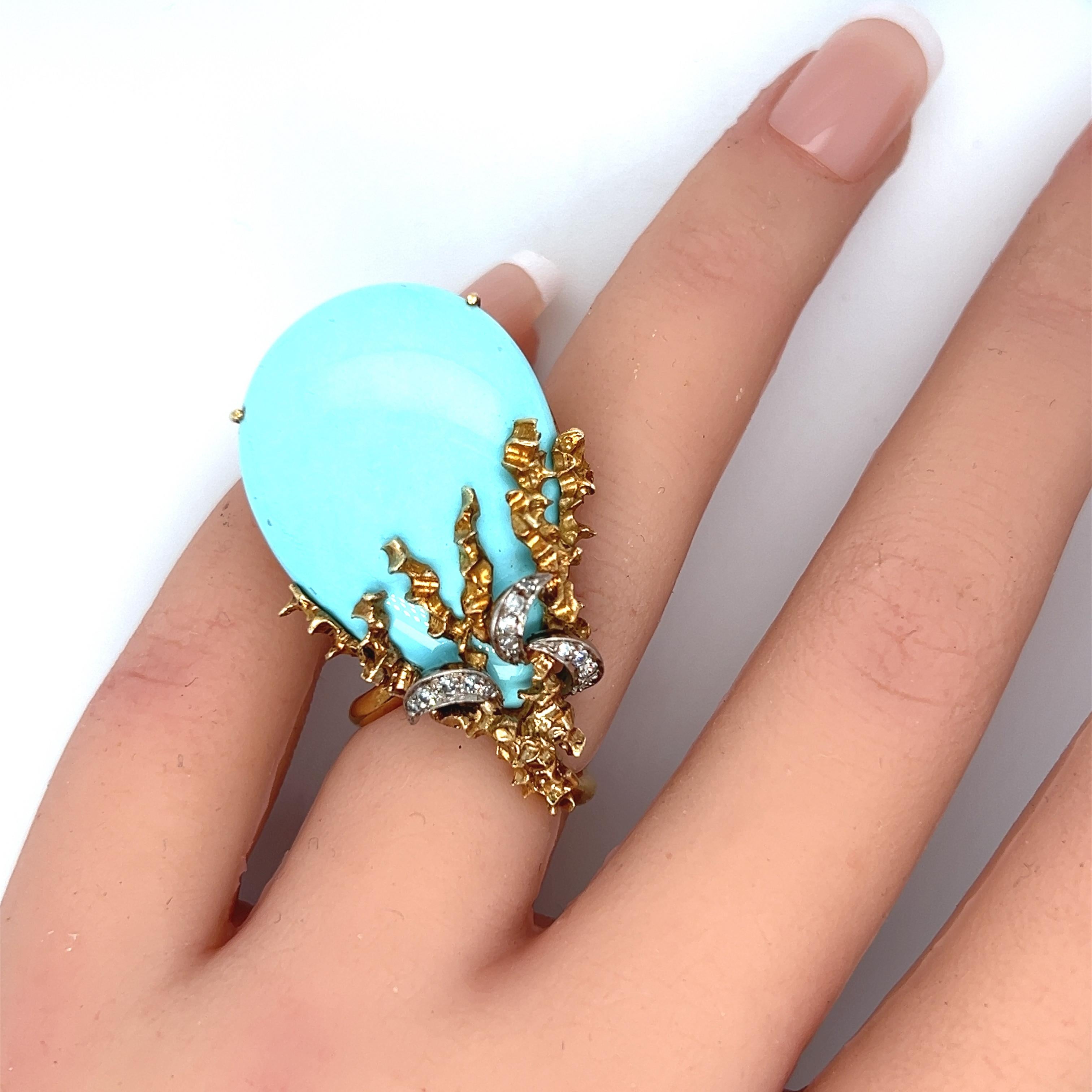 Organischer antiker Ring aus 14 Karat Gelbgold mit Diamanten und Türkis. (Retro) im Angebot
