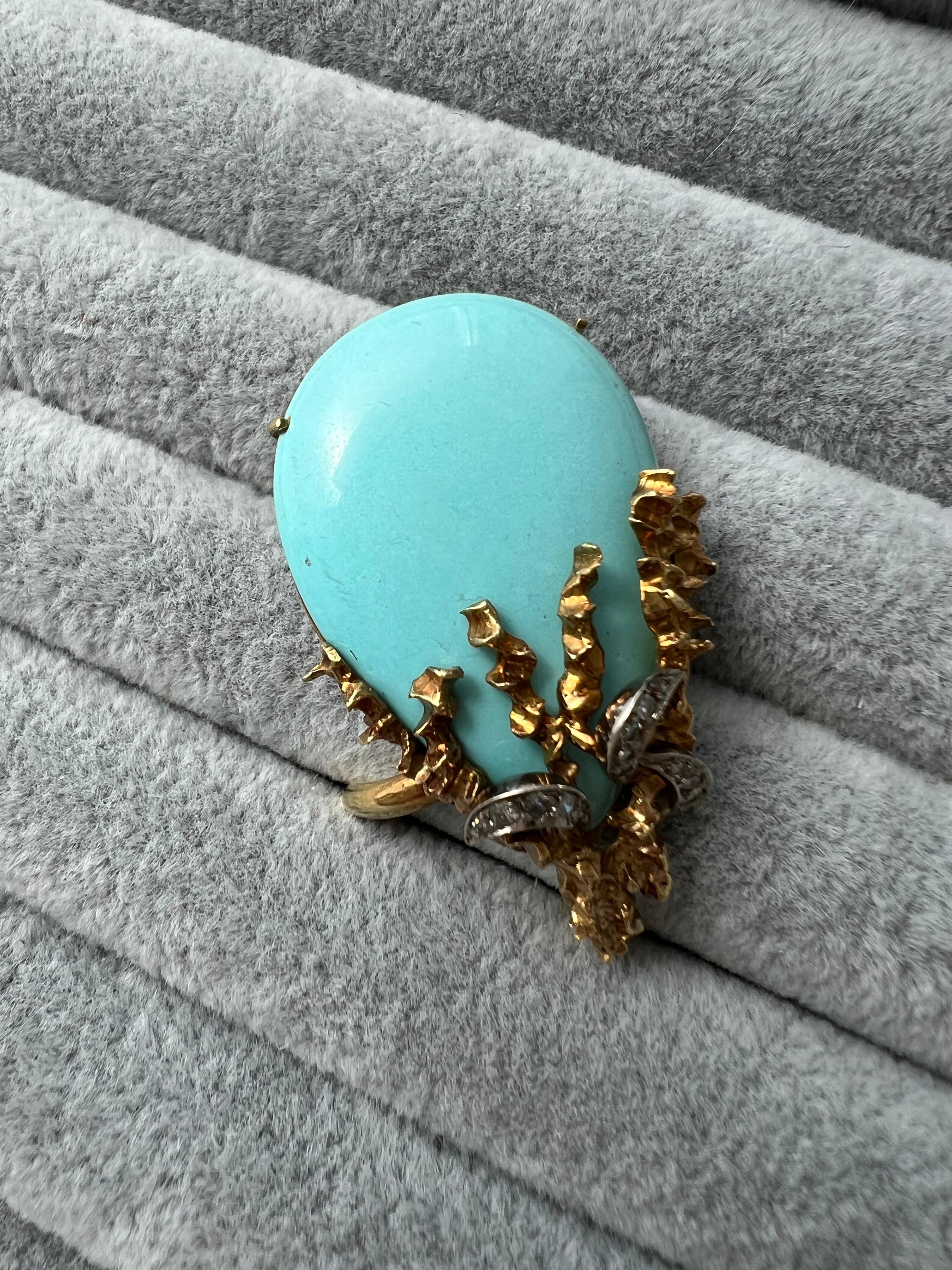 Organischer antiker Ring aus 14 Karat Gelbgold mit Diamanten und Türkis. im Zustand „Gut“ im Angebot in San Francisco, CA
