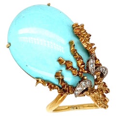 Organic Retro 14K Yellow Gold Diamond and Turquoise Ring.