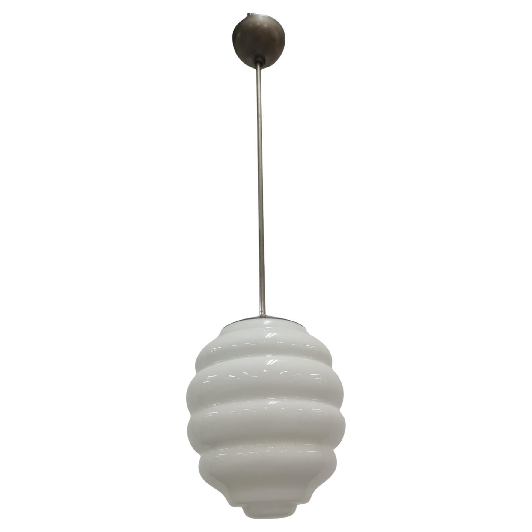 Organic Art Deco Beehive Ceiling Lamp in Chromed Metal & Opaline, Idman 1940s