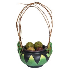 Vintage Organic Artist Signed Porcelain Vessel Bowl Frog Decoration Natural Twig Handle