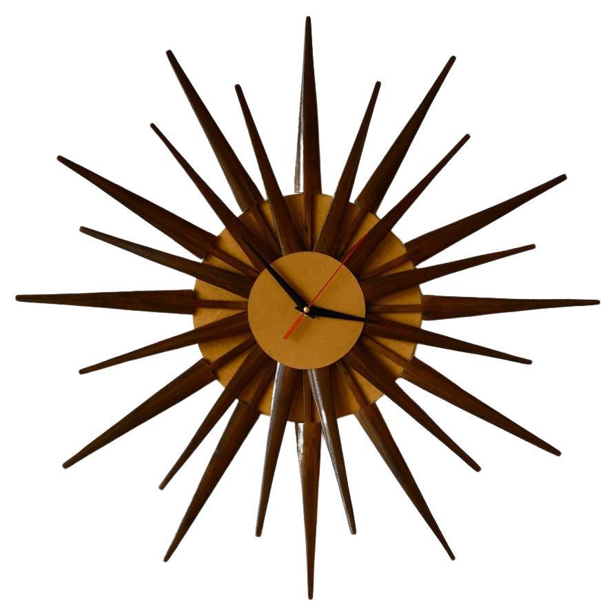 Organic Bamboo Mid Century Style Starburst Clock Hand Made For Sale