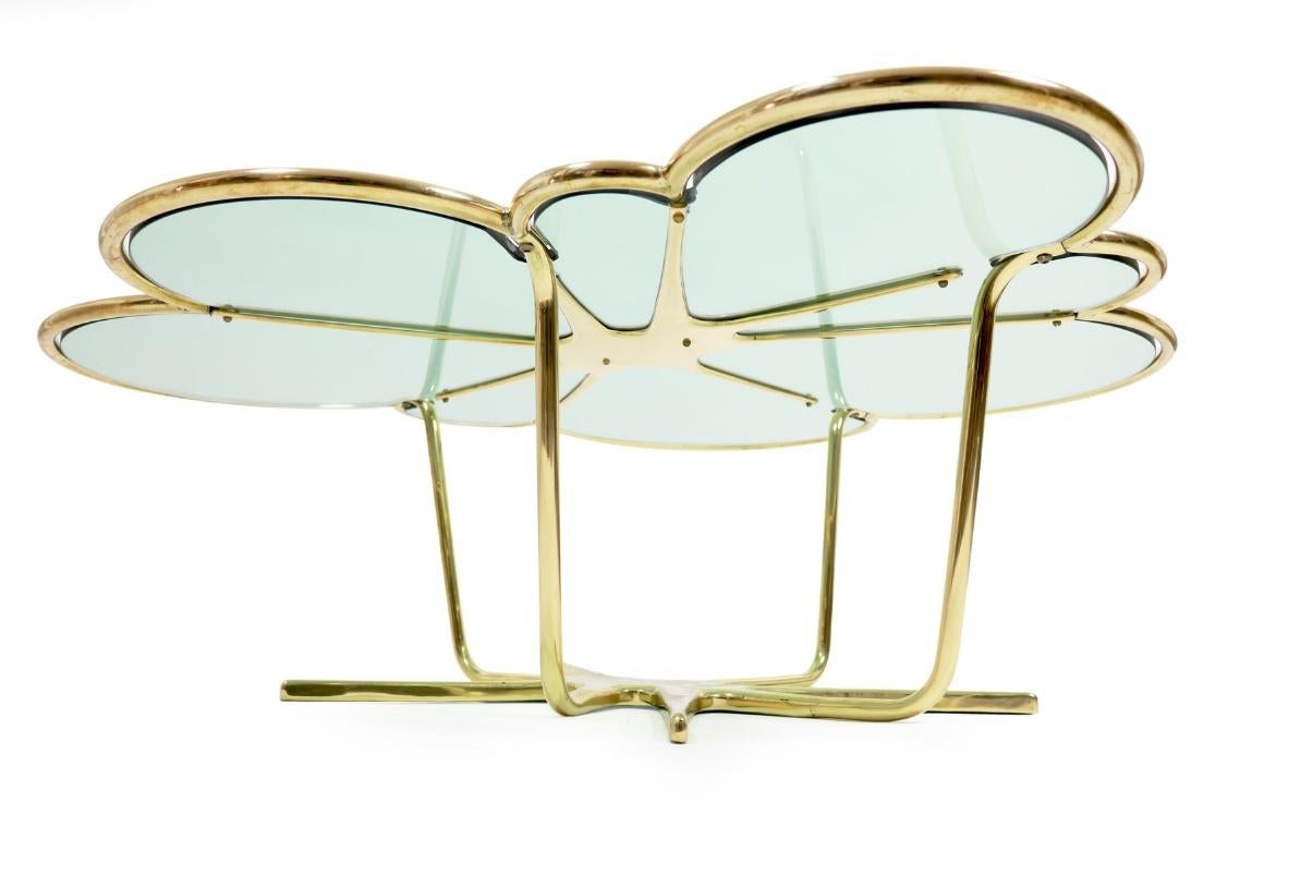 Portuguese Organic Beautifull Coffee Table, Smoked Glass and Brass Legs For Sale