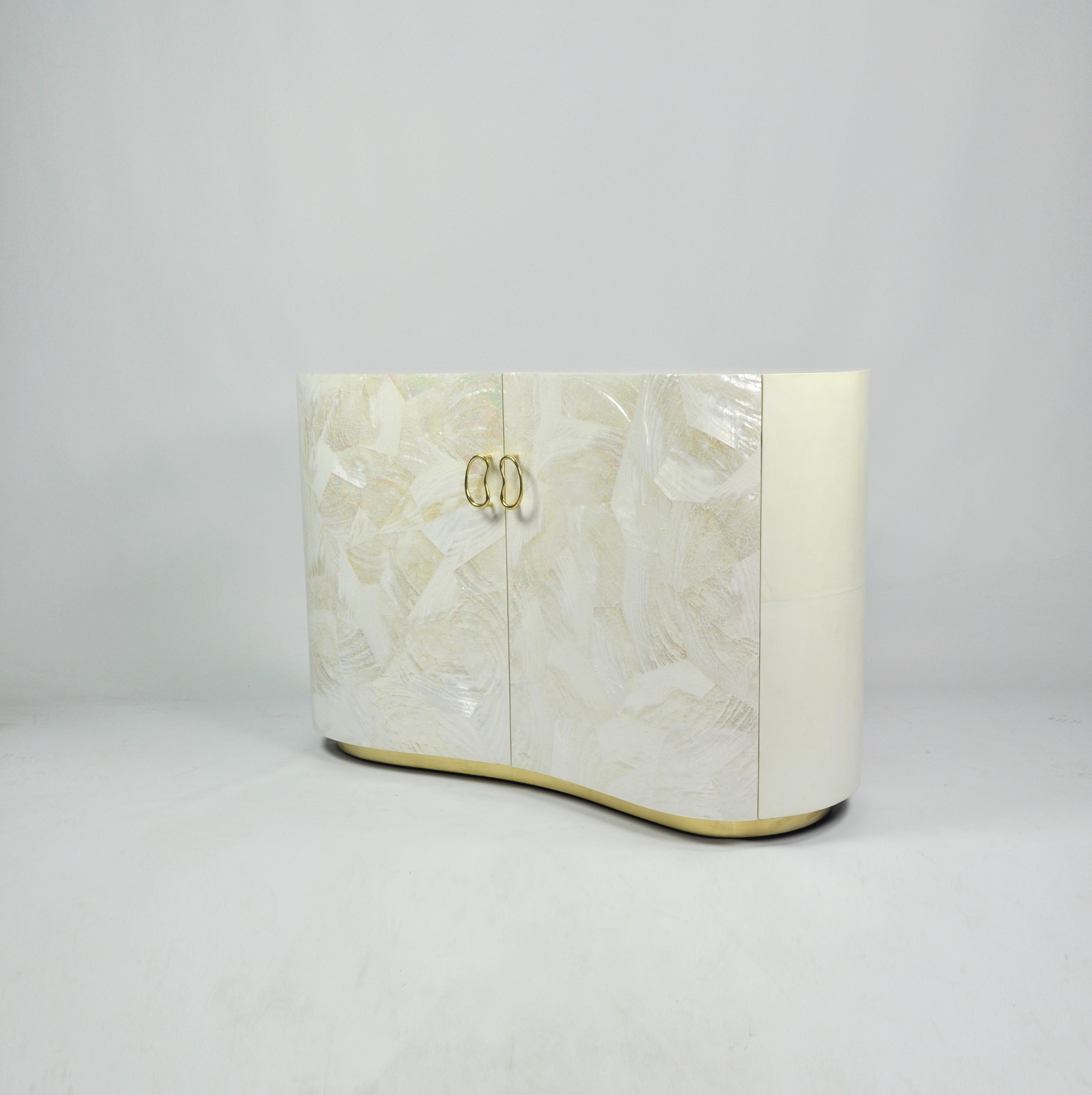 French Organic Bedside Table in Parchment and White Marquetry by Ginger Brown For Sale