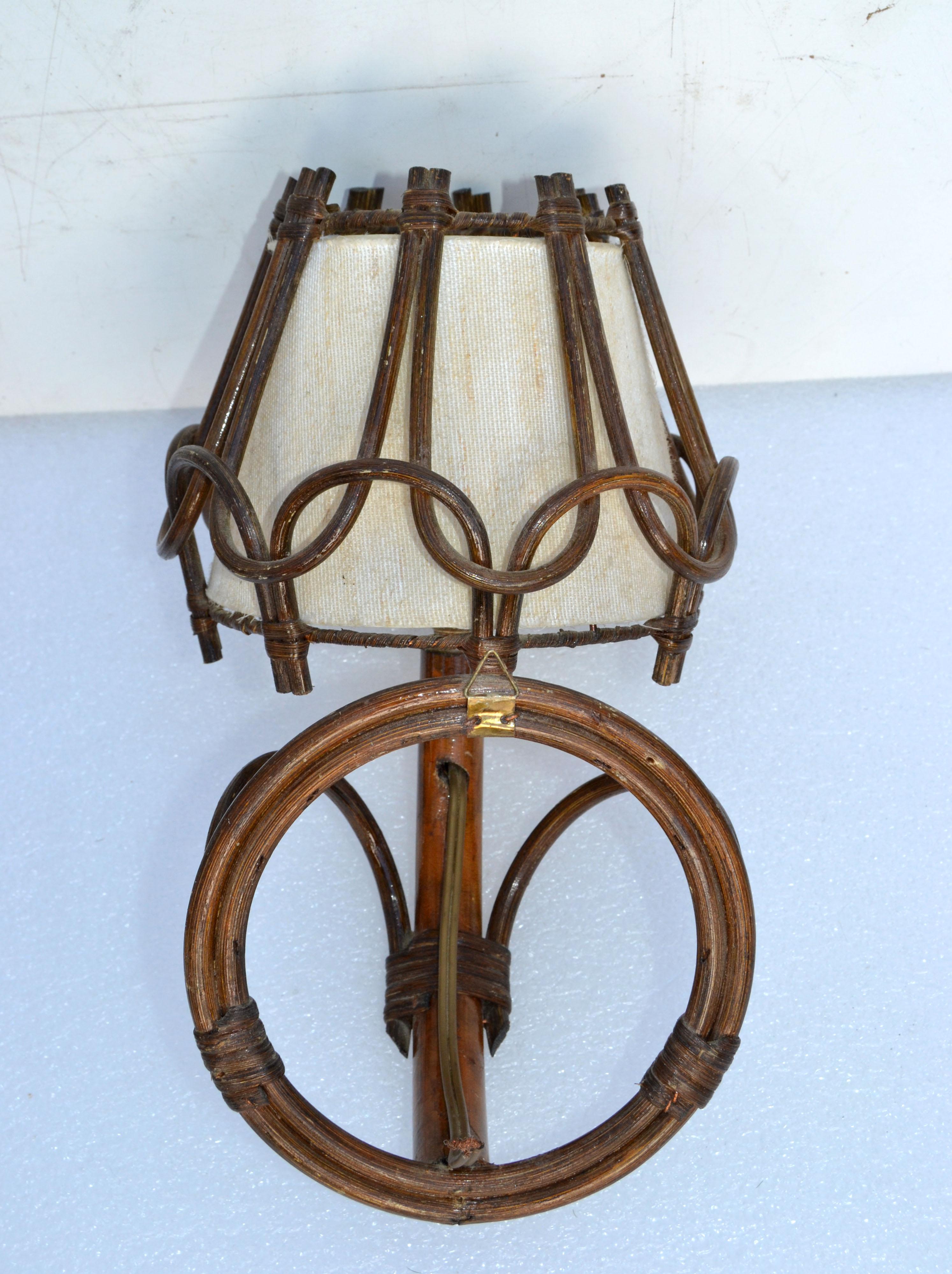 Mid-20th Century Organic Bend Bamboo Sconce Woven Bamboo Cased Fiber Shades France 1950, Pair For Sale