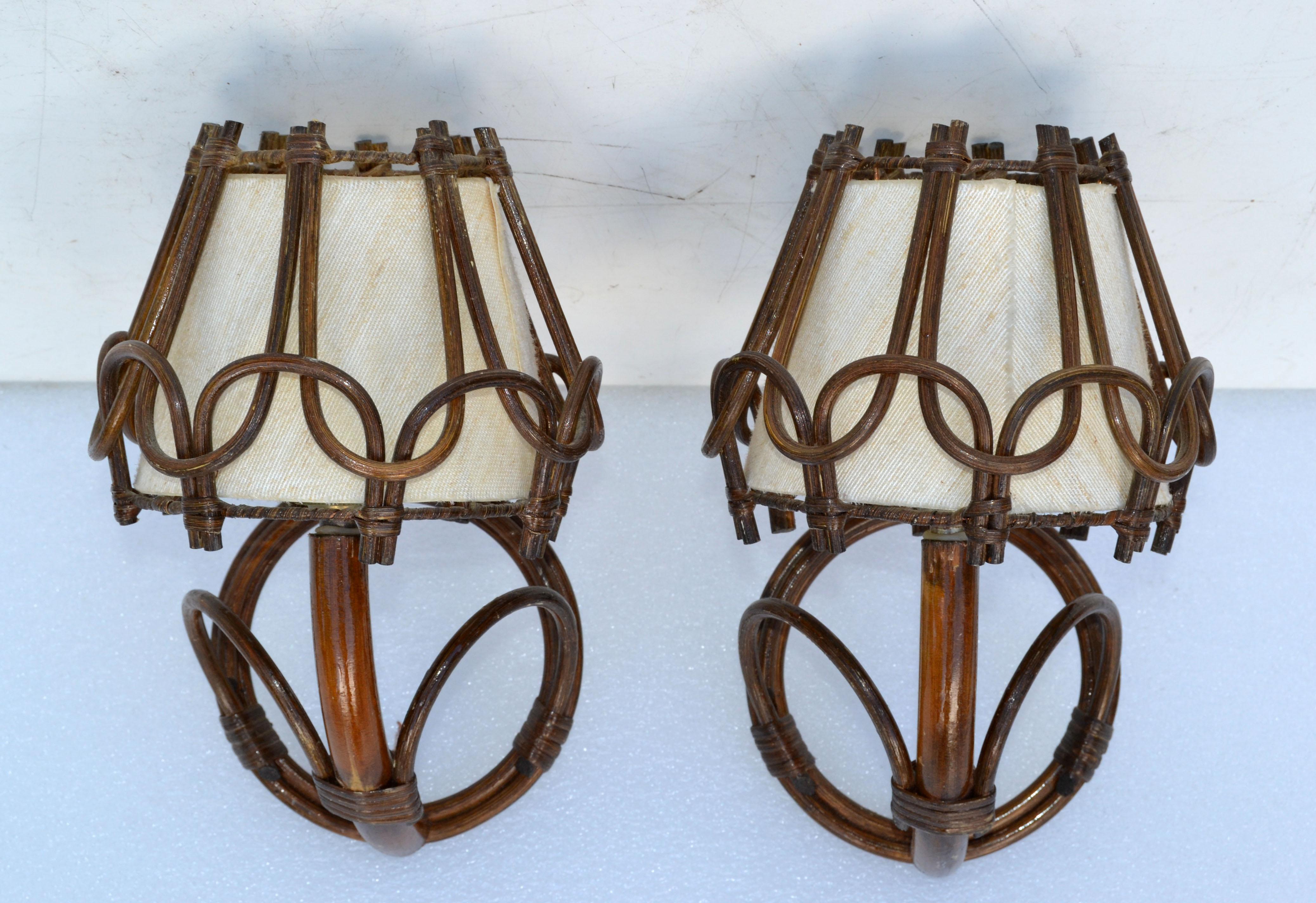 Organic Bend Bamboo Sconce Woven Bamboo Cased Fiber Shades France 1950, Pair For Sale 1