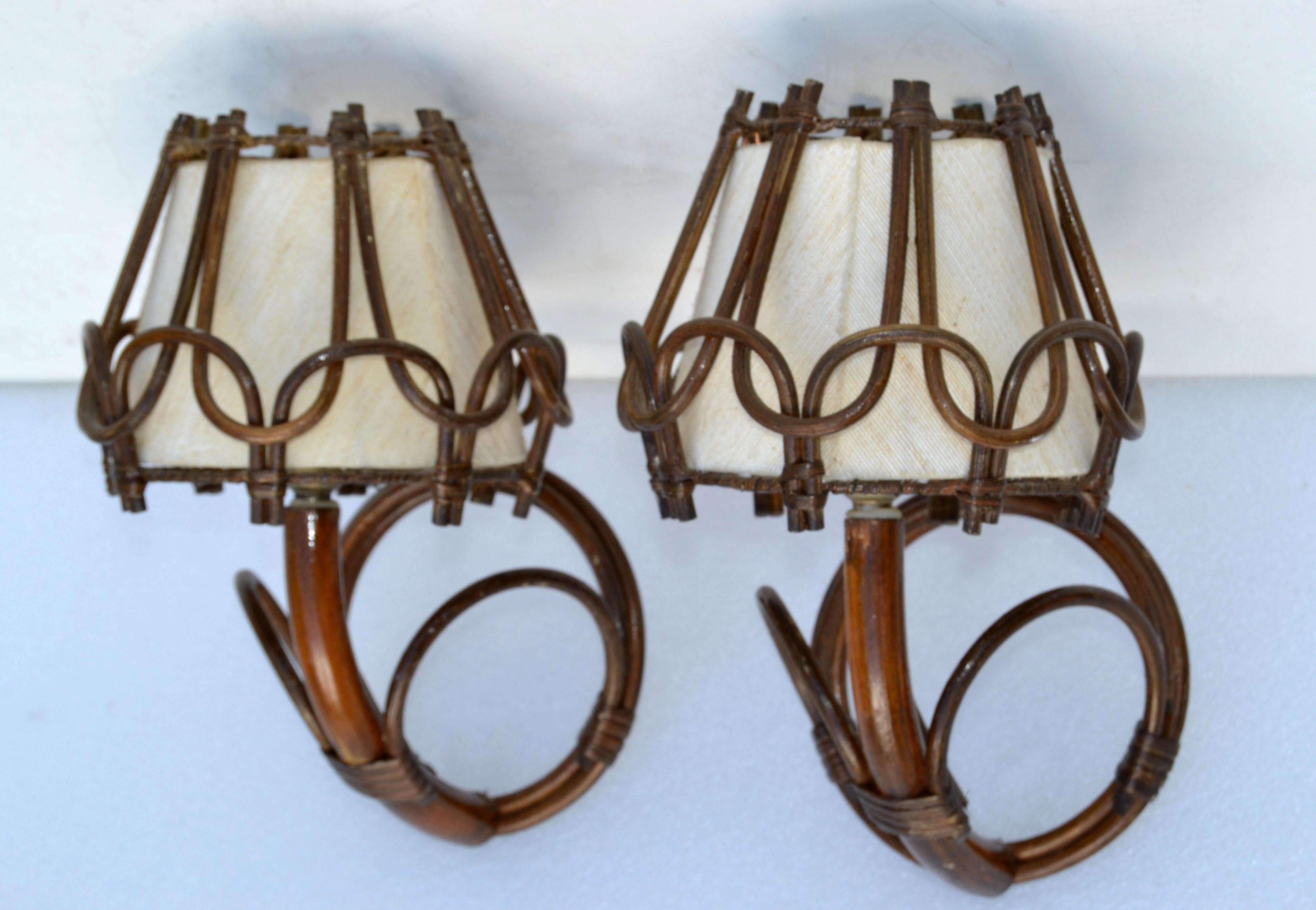 Mid-Century Modern Organic Bend Bamboo Sconce Woven Bamboo Cased Fiber Shades France 1950, Pair For Sale