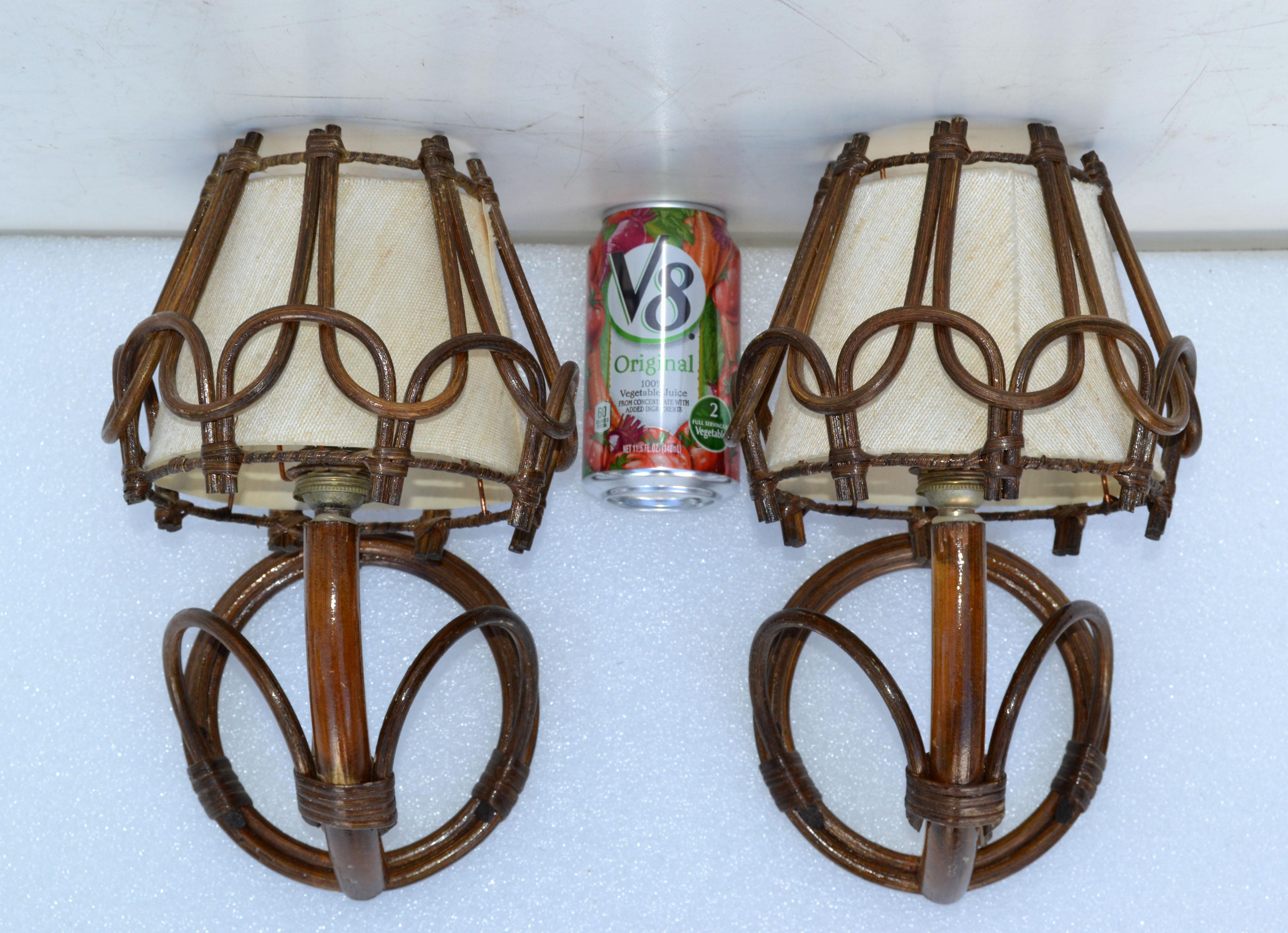 French Organic Bend Bamboo Sconce Woven Bamboo Cased Fiber Shades France 1950, Pair For Sale