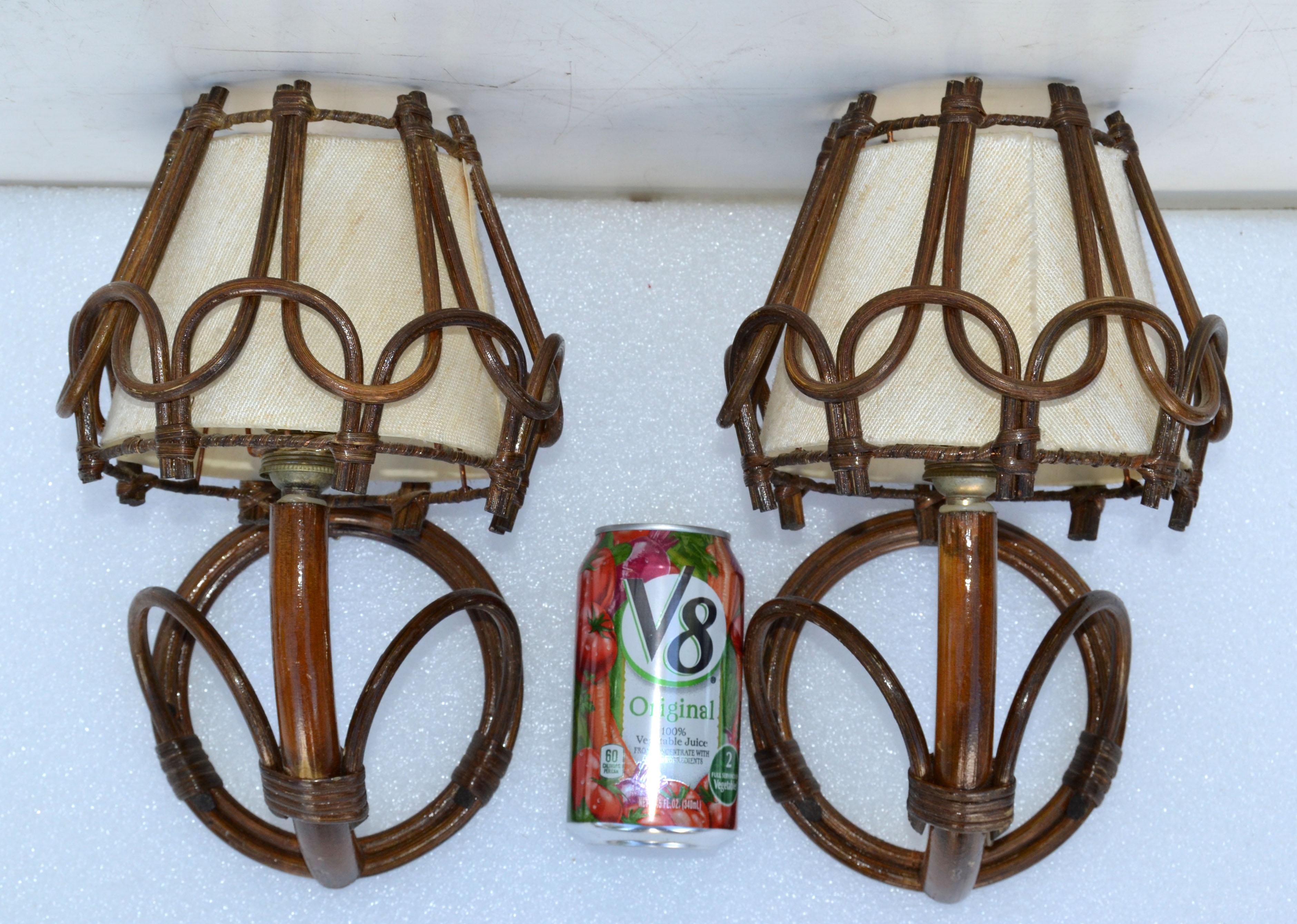 Hand-Woven Organic Bend Bamboo Sconce Woven Bamboo Cased Fiber Shades France 1950, Pair For Sale