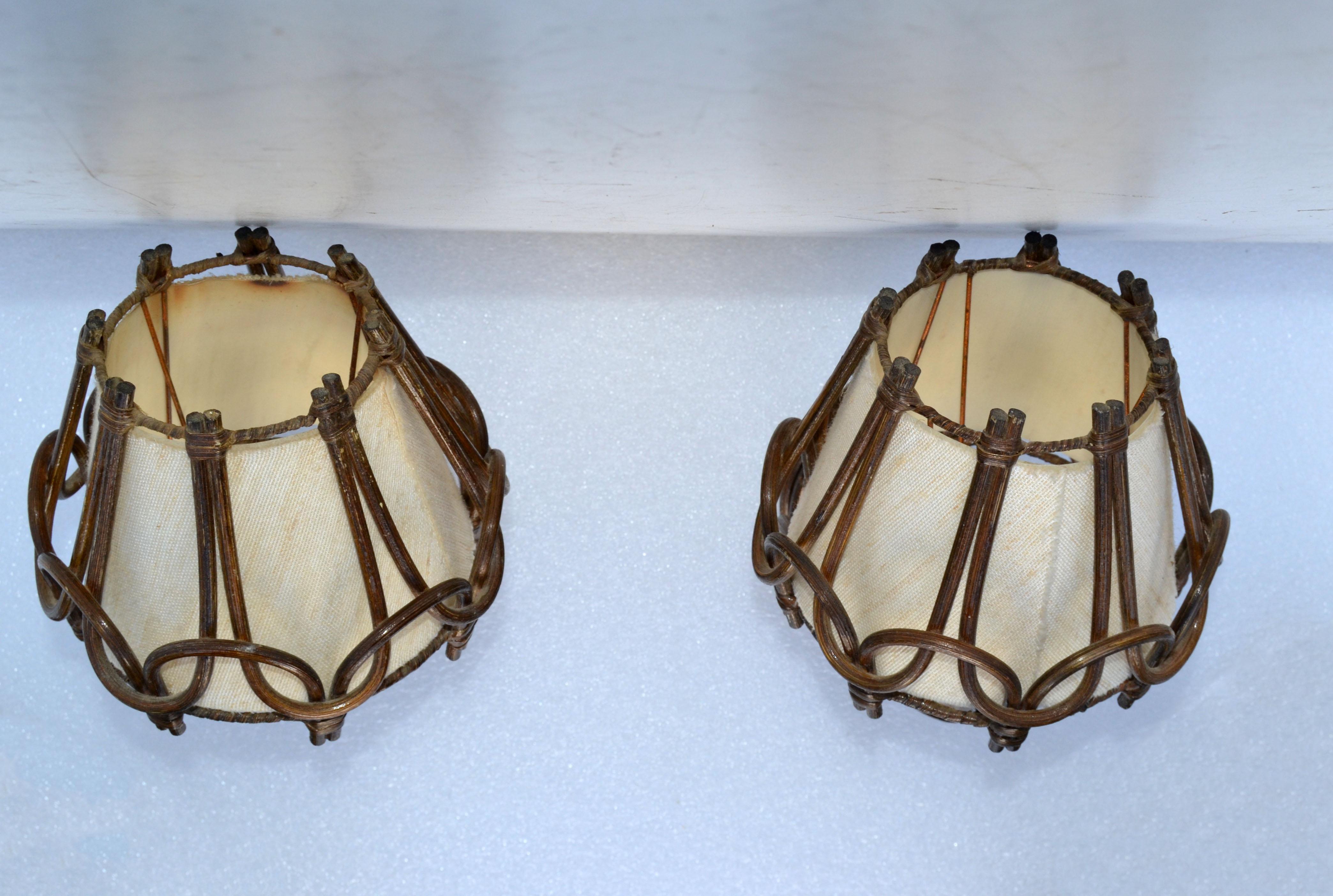 Organic Bend Bamboo Sconce Woven Bamboo Cased Fiber Shades France 1950, Pair In Fair Condition For Sale In Miami, FL