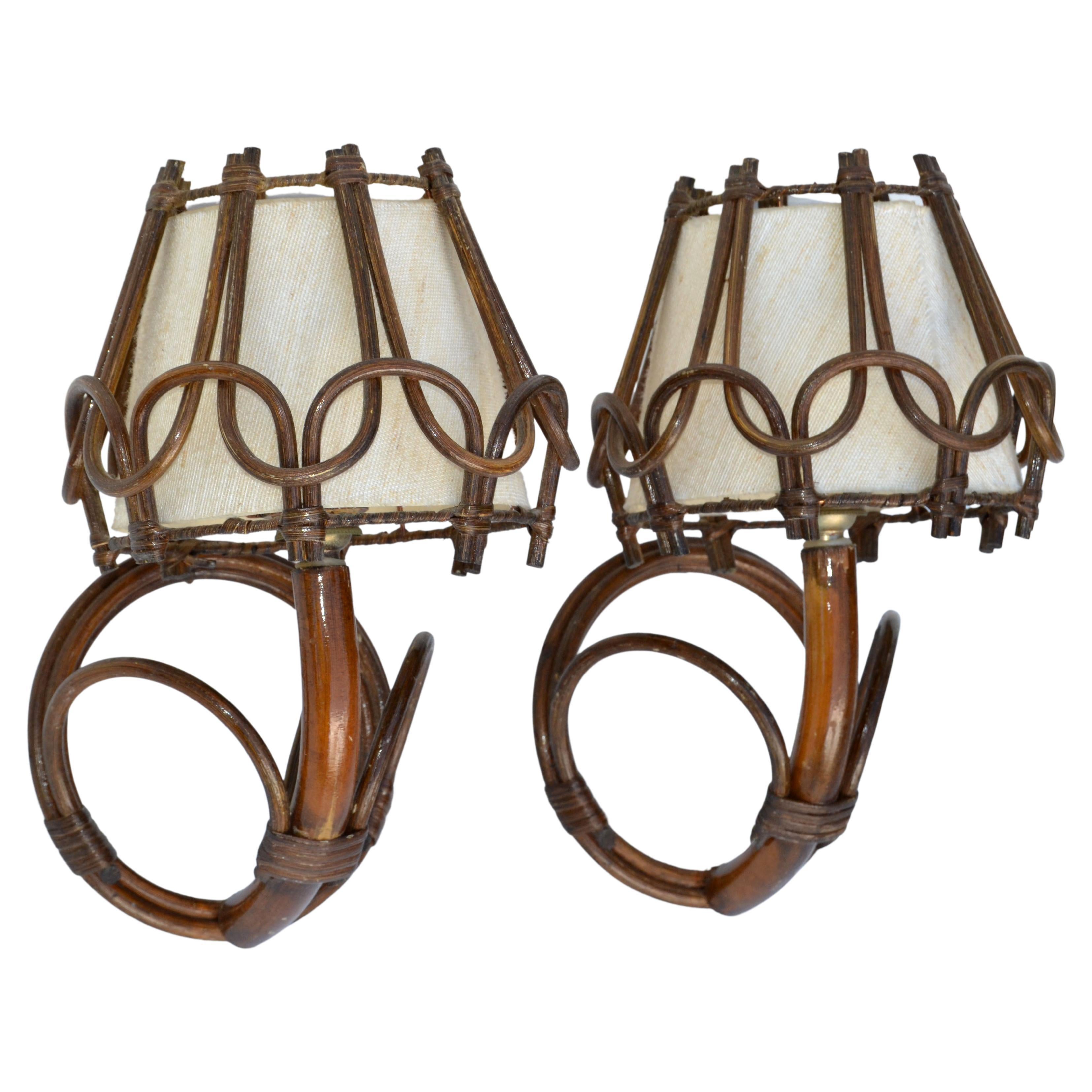 Organic Bend Bamboo Sconce Woven Bamboo Cased Fiber Shades France 1950, Pair For Sale